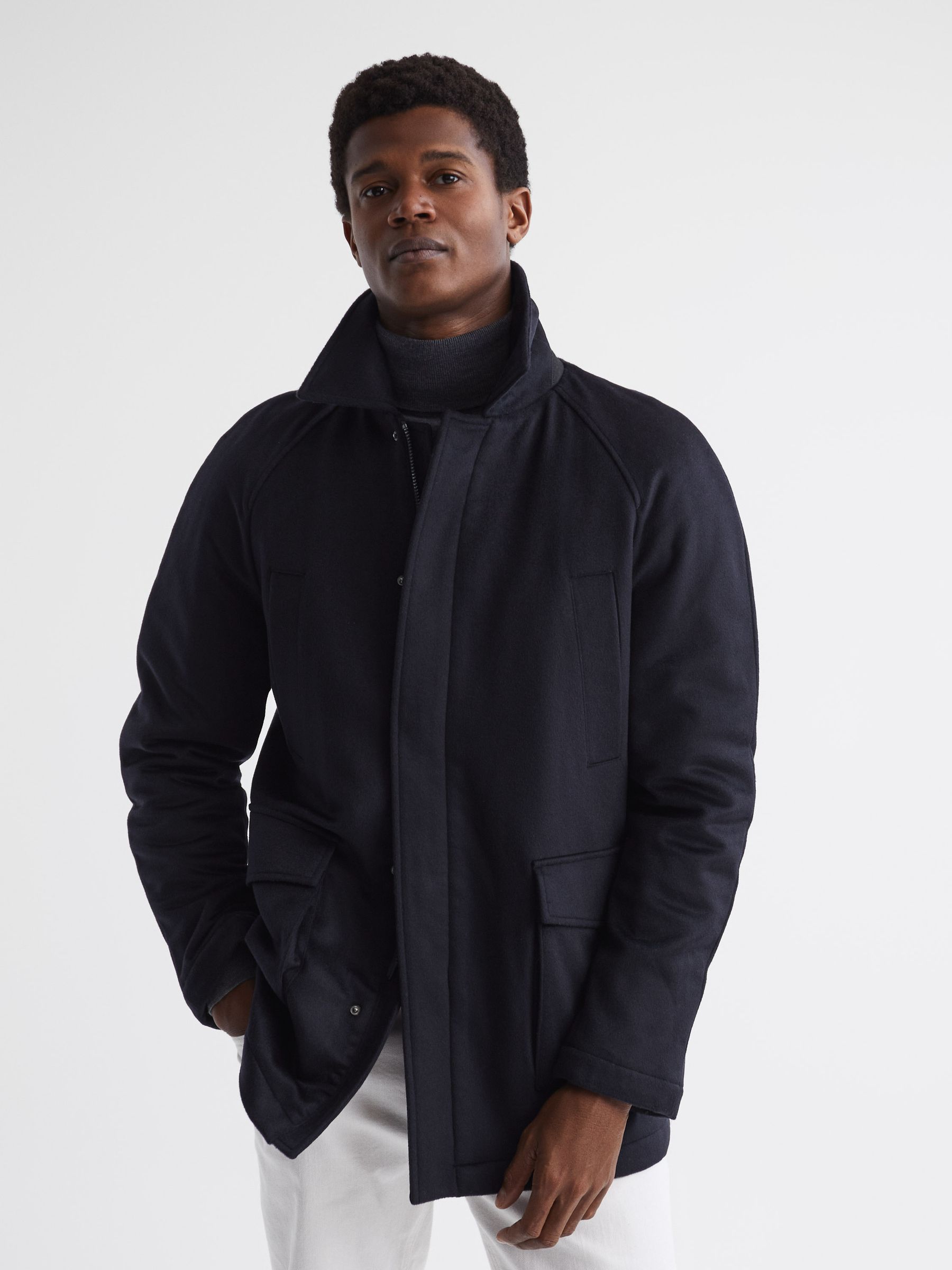 Zip Through Cashmere Coat in Navy - Image 1 of 6 Zip Through Cashmere Coat in Navy - Image 1 of 6