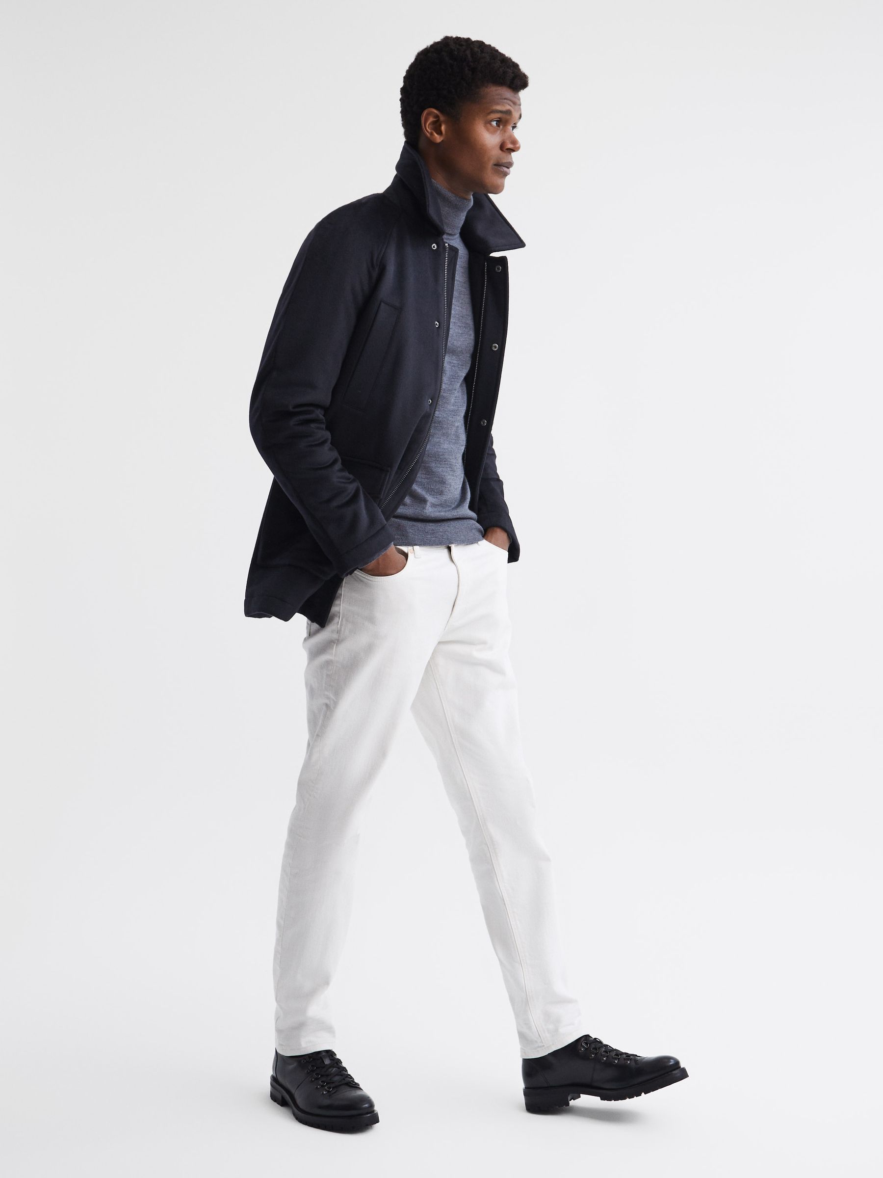 Zip Through Cashmere Coat in Navy - Image 3 of 6