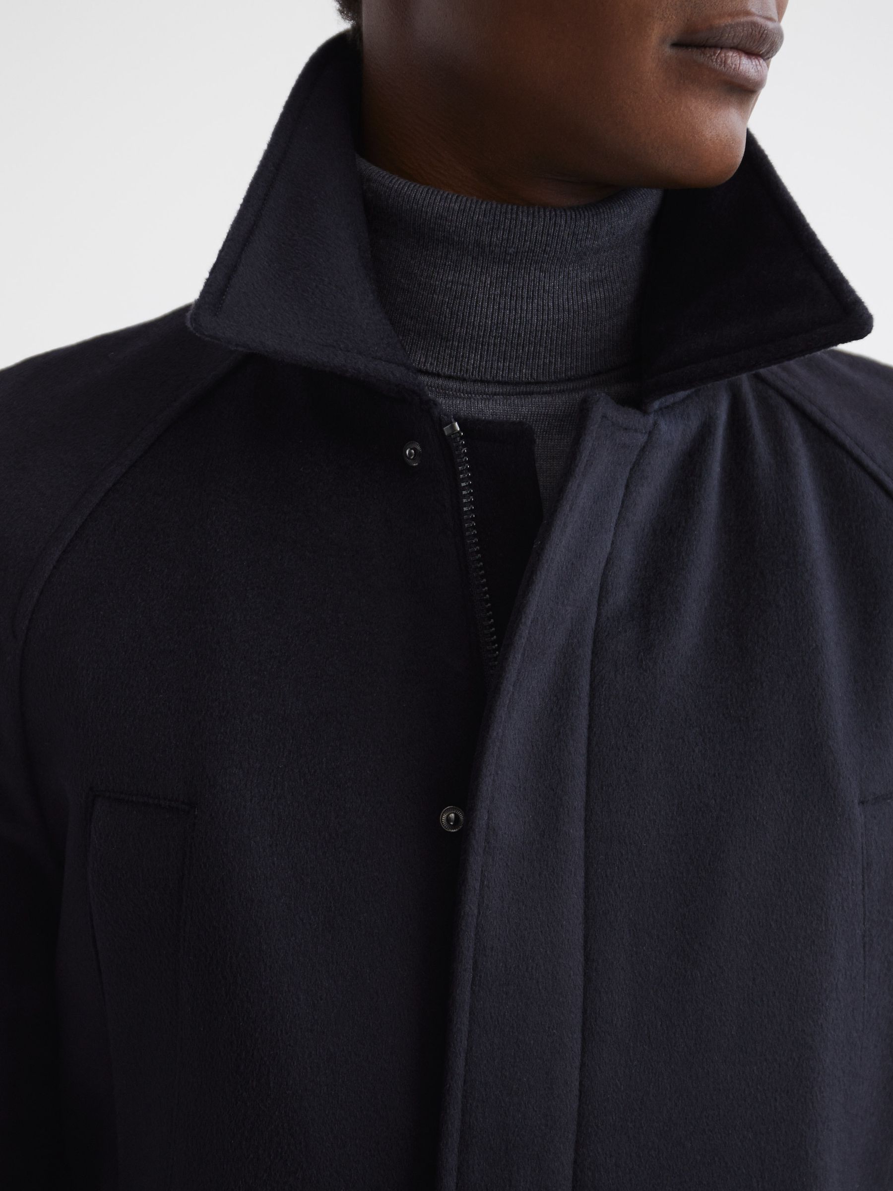 Zip Through Cashmere Coat in Navy - Image 4 of 6