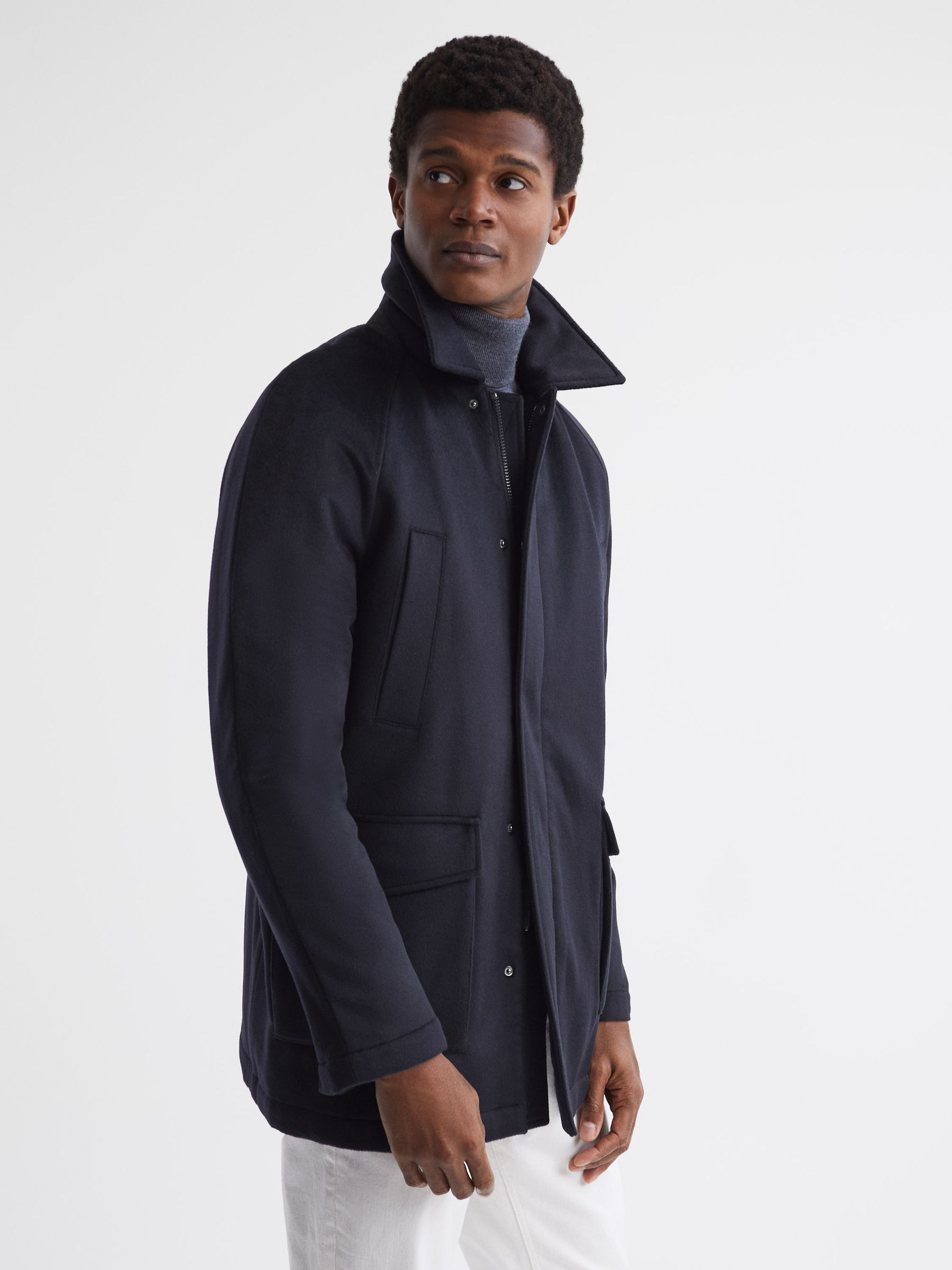 Zip Through Cashmere Coat in Navy - Image 6 of 6