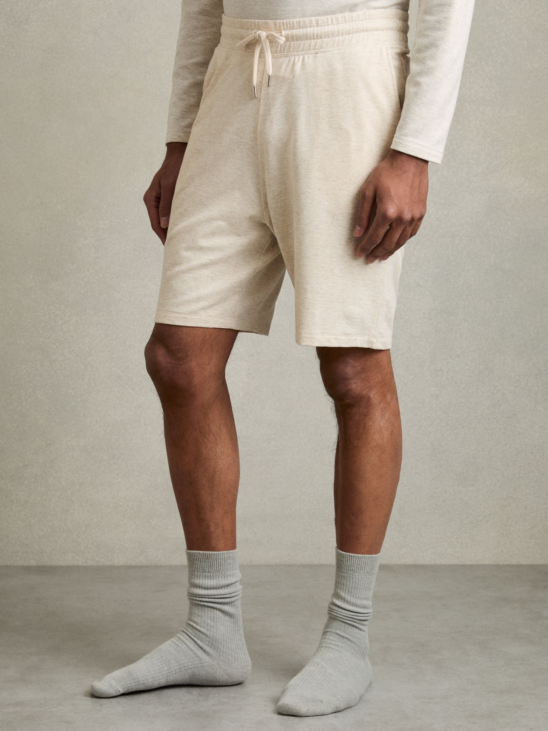 Drawstring Fleece Lined Shorts in Oatmeal Melange - Image 3 of 6