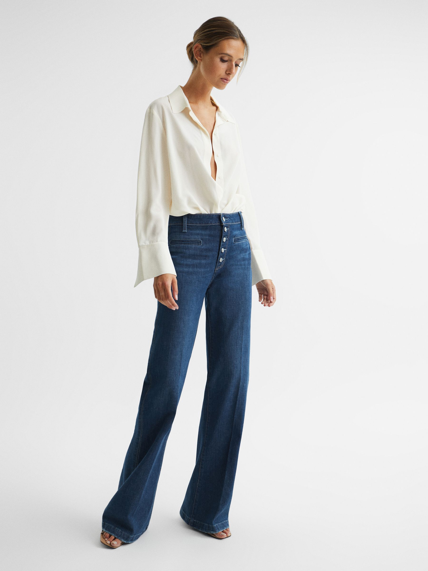 Paige High Rise Flared Jeans in Dark Blue - Image 10 of 12