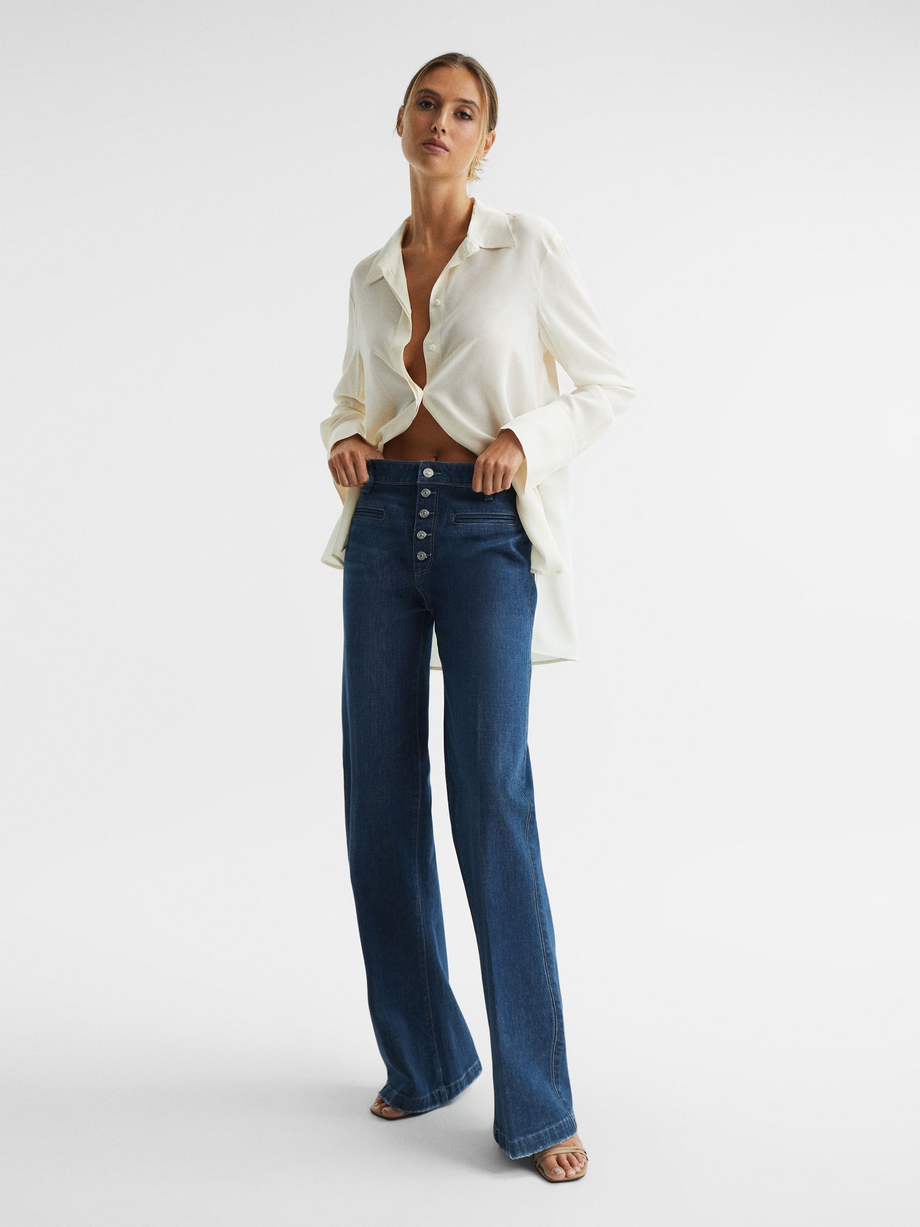 Paige High Rise Flared Jeans in Dark Blue - Image 6 of 12