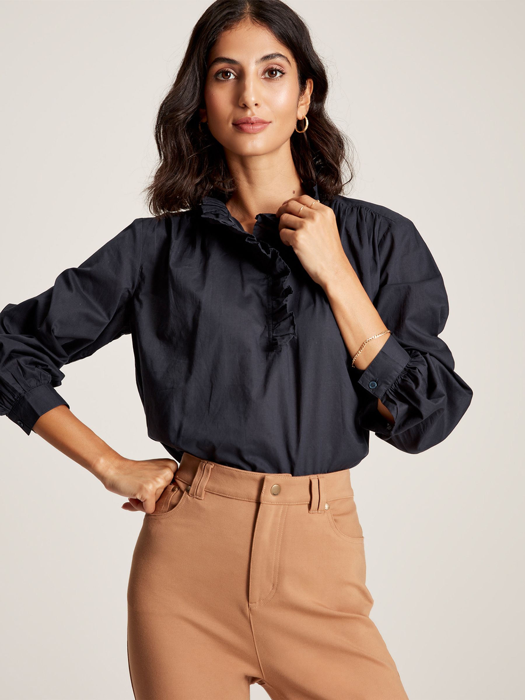 Melanie Navy Blue Cotton Ruffle Blouse - Image 1 of 6