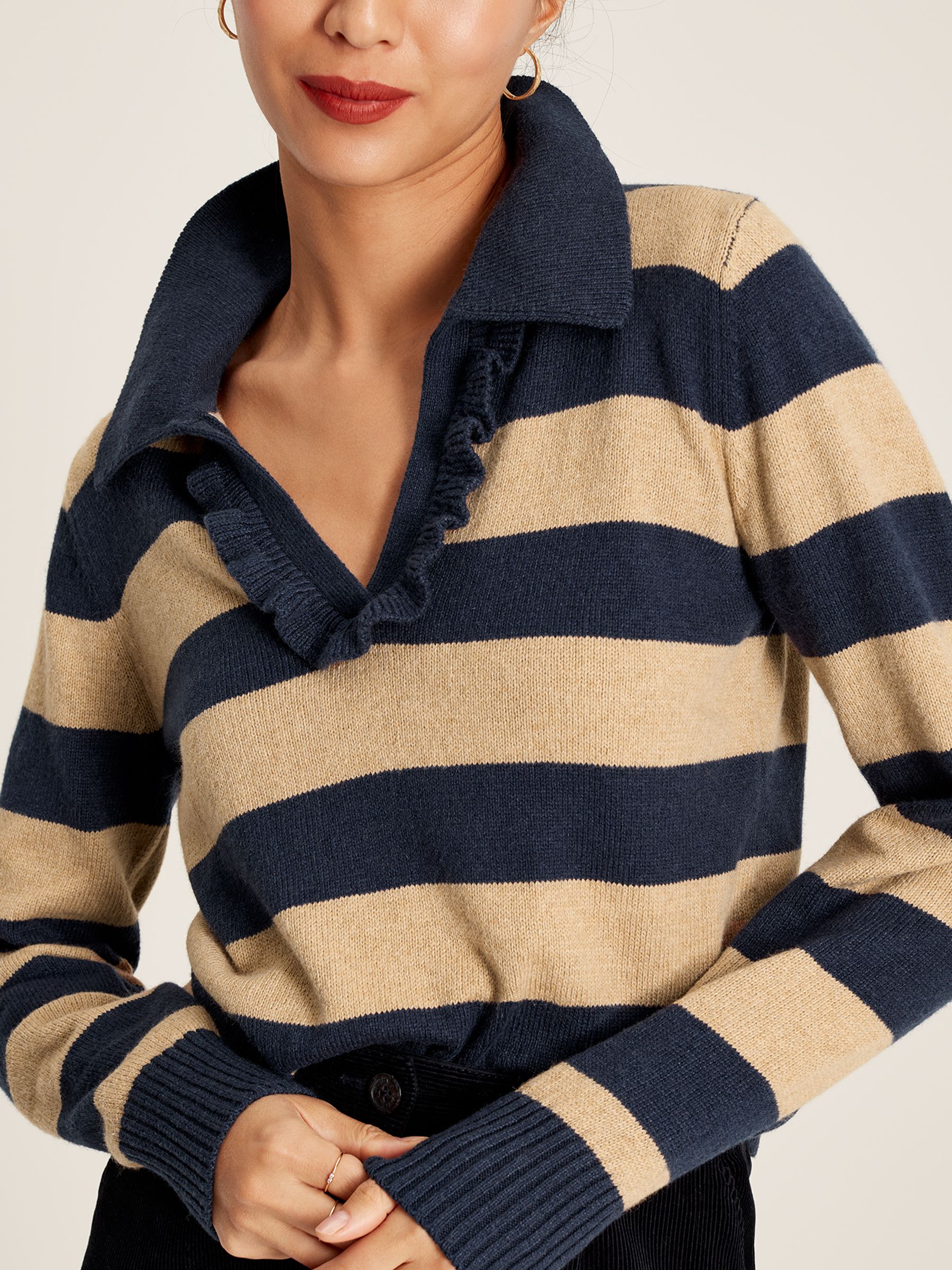 Maddie Oat Striped V Neck Jumper with Collar - Image 9 of 13