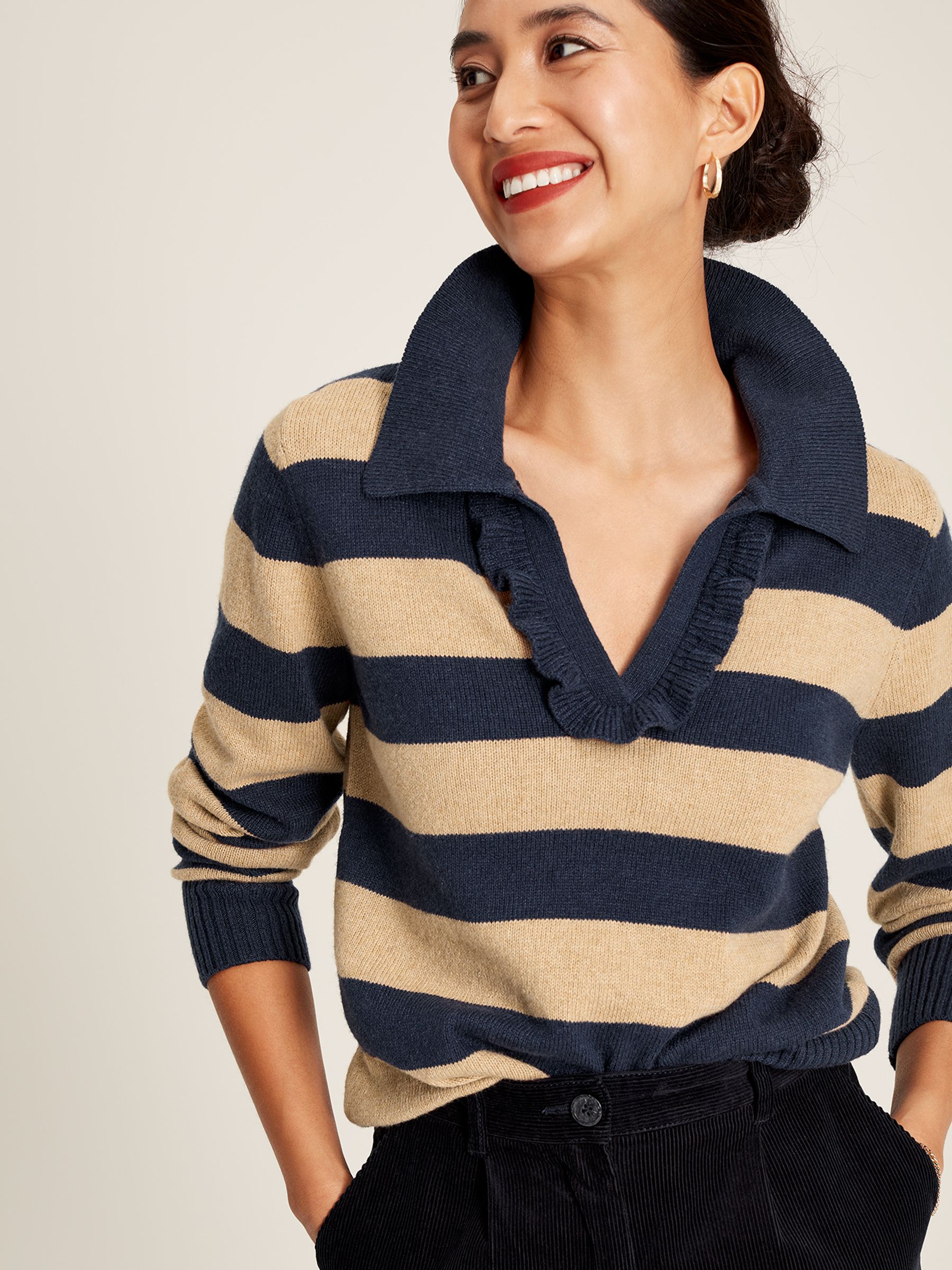Maddie Oat Striped V Neck Jumper with Collar - Image 11 of 13