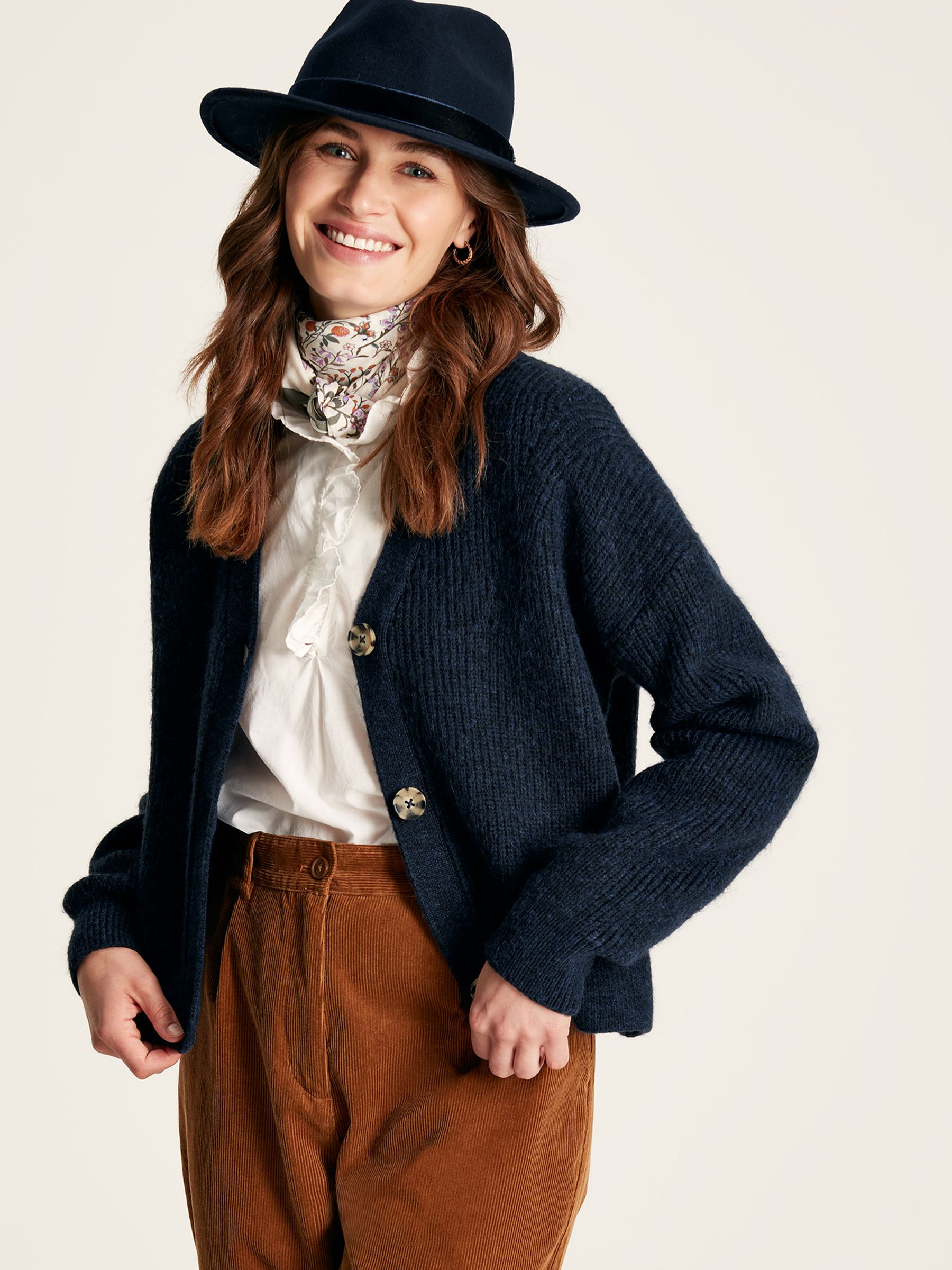 Samantha Navy V Neck Ribbed Knit Buttoned Cardigan - Image 1 of 6