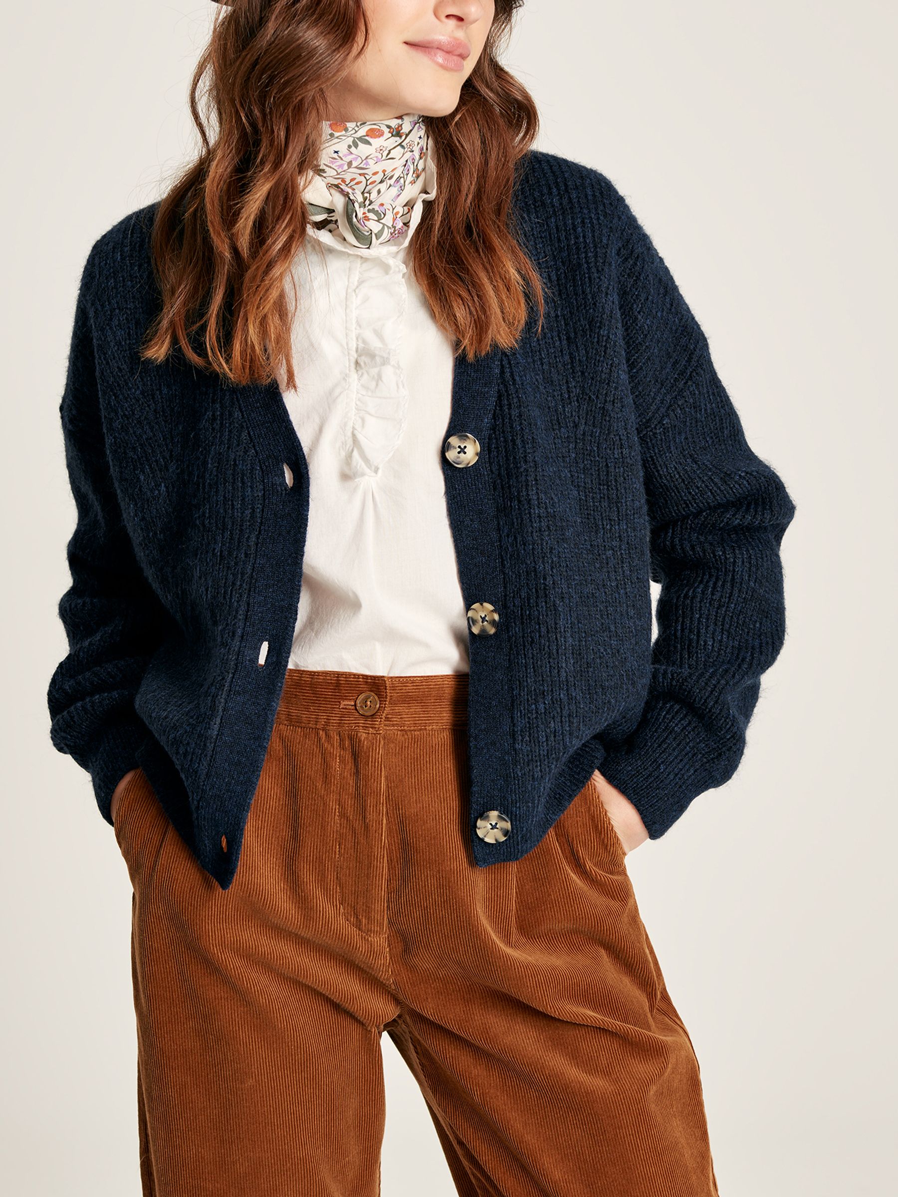 Samantha Navy V Neck Ribbed Knit Buttoned Cardigan - Image 4 of 6