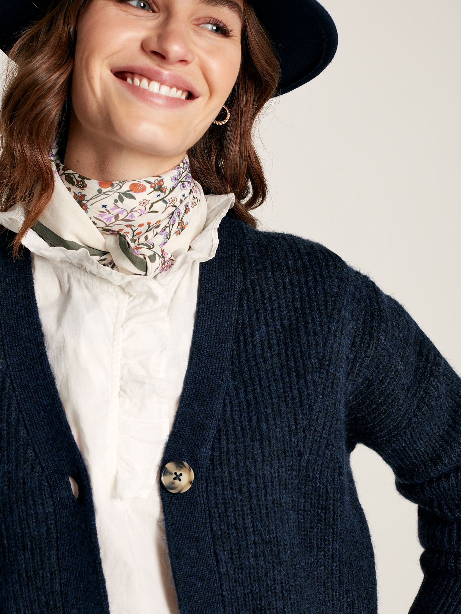 Samantha Navy V Neck Ribbed Knit Buttoned Cardigan | Joules