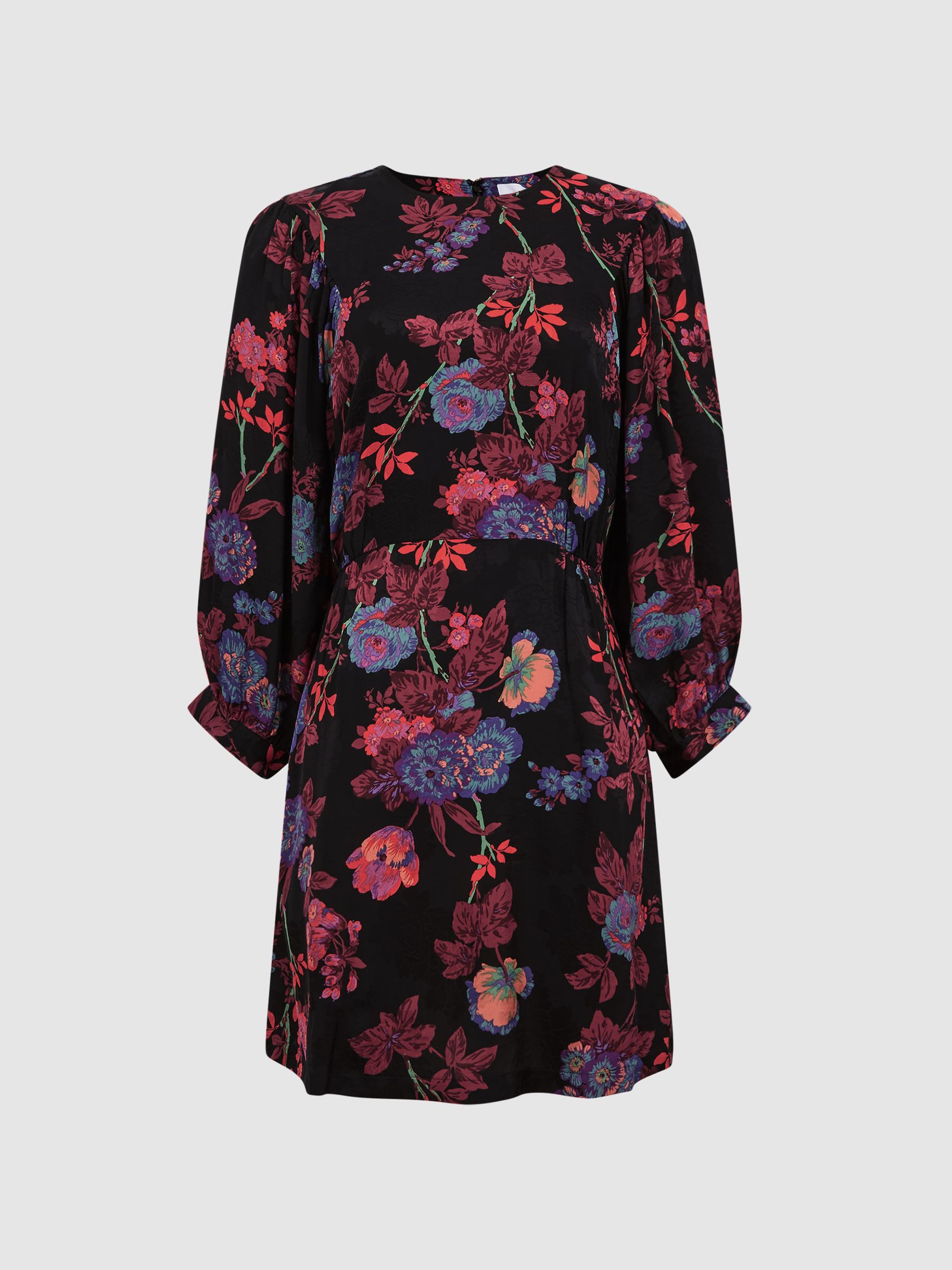 Fitted Floral Print Mini Dress in Black/Pink - Image 2 of 7