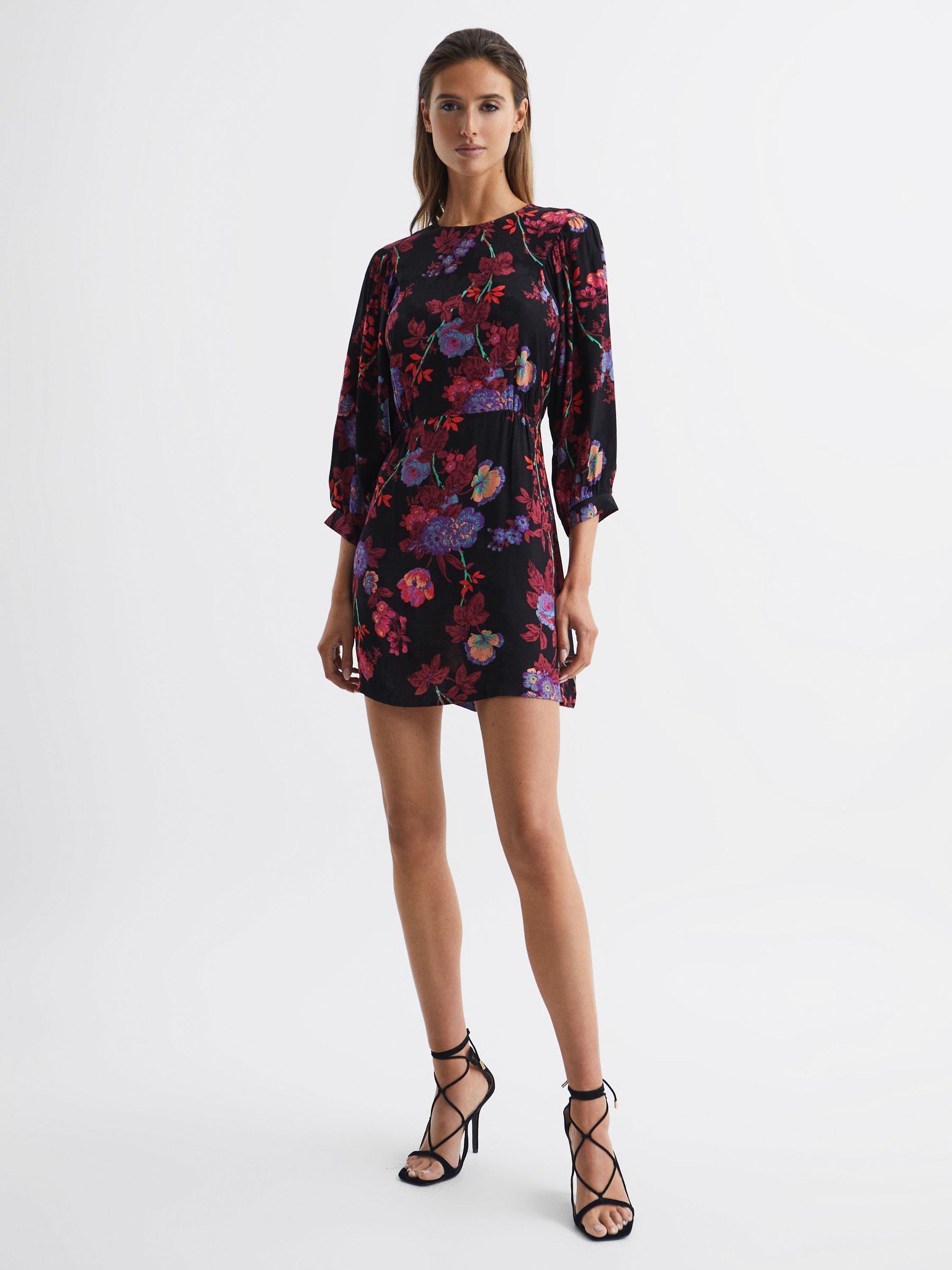 Fitted Floral Print Mini Dress in Black/Pink - Image 3 of 7