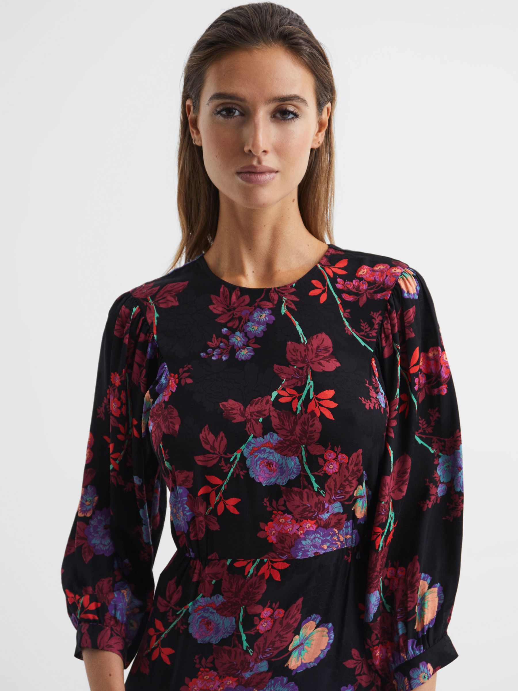 Fitted Floral Print Mini Dress in Black/Pink - Image 7 of 7