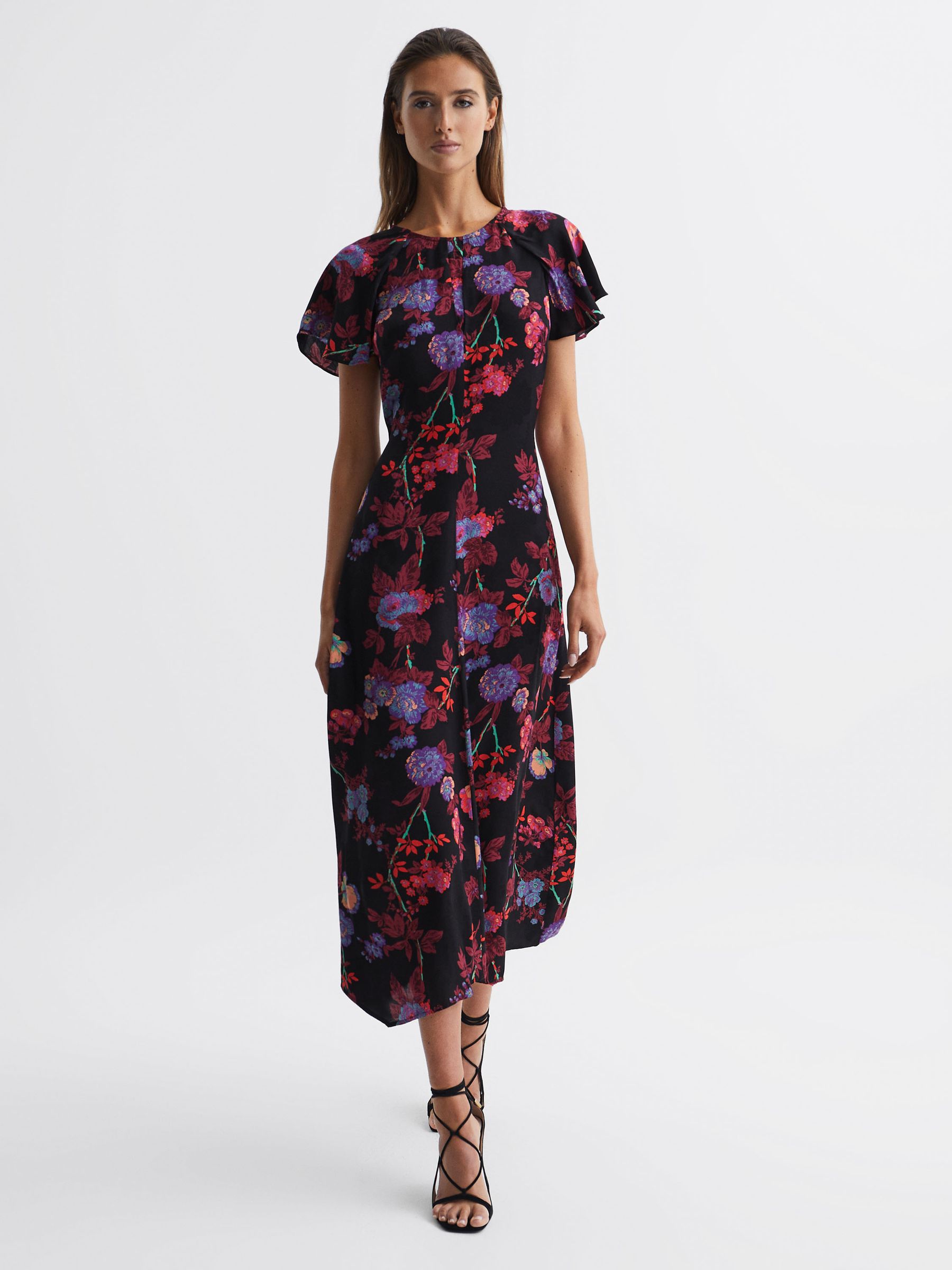 正規激安 in Dress Midi Print Floral Fitted Reiss Black/Pink REISS | ワンピース