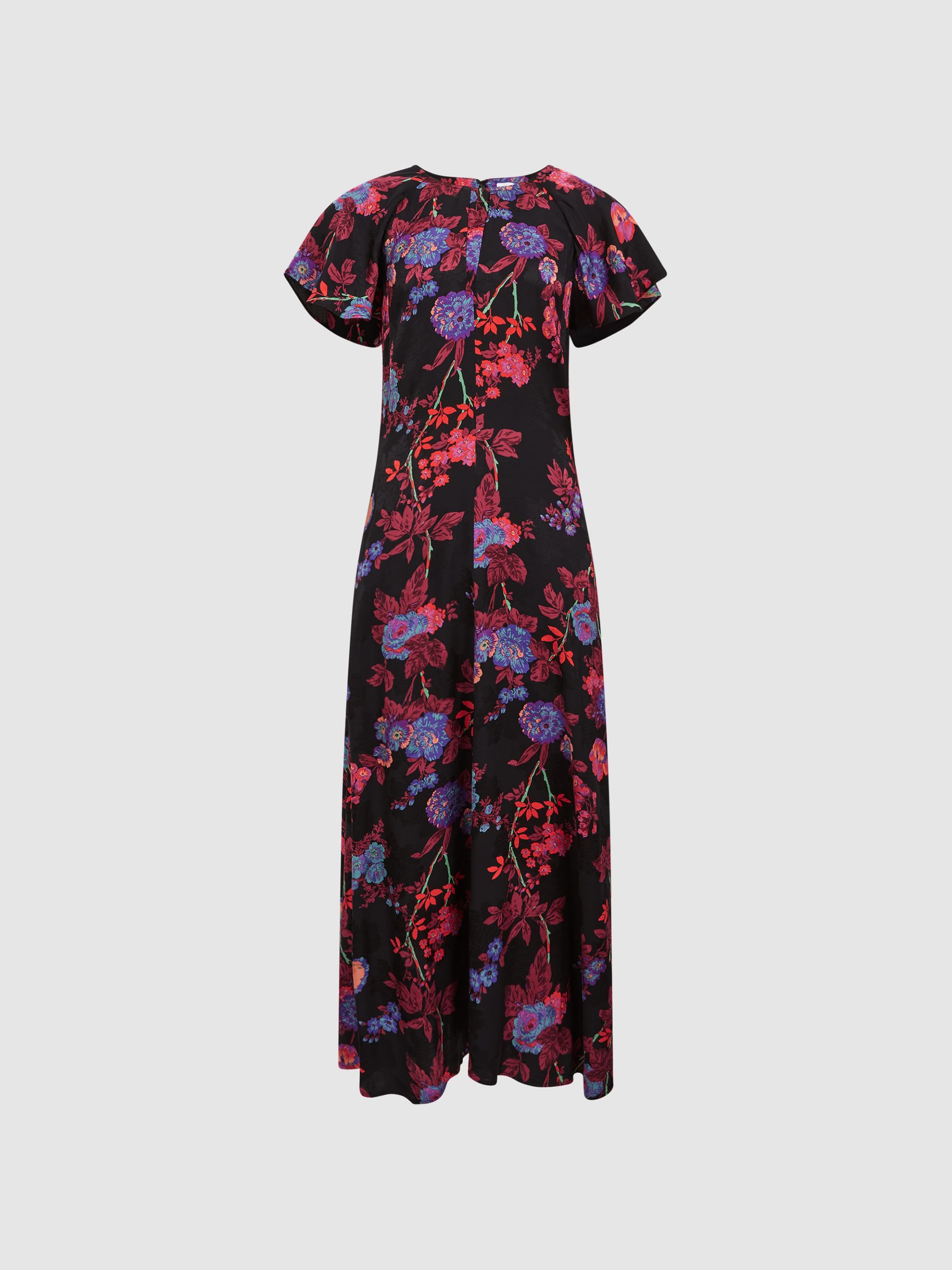 Fitted Floral Print Midi Dress in Black/Pink - Image 2 of 7