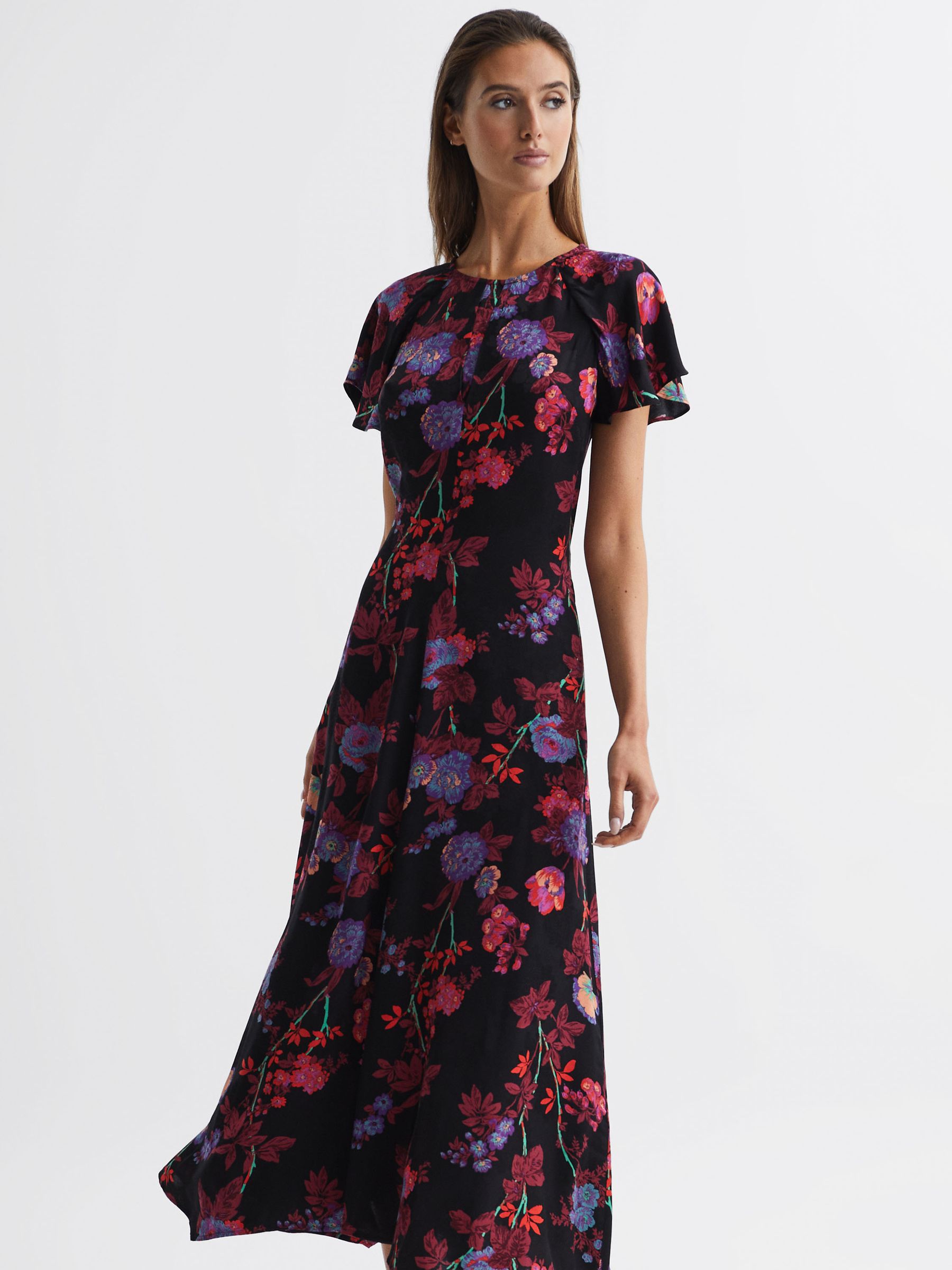 Fitted Floral Print Midi Dress in Black/Pink - Image 3 of 7