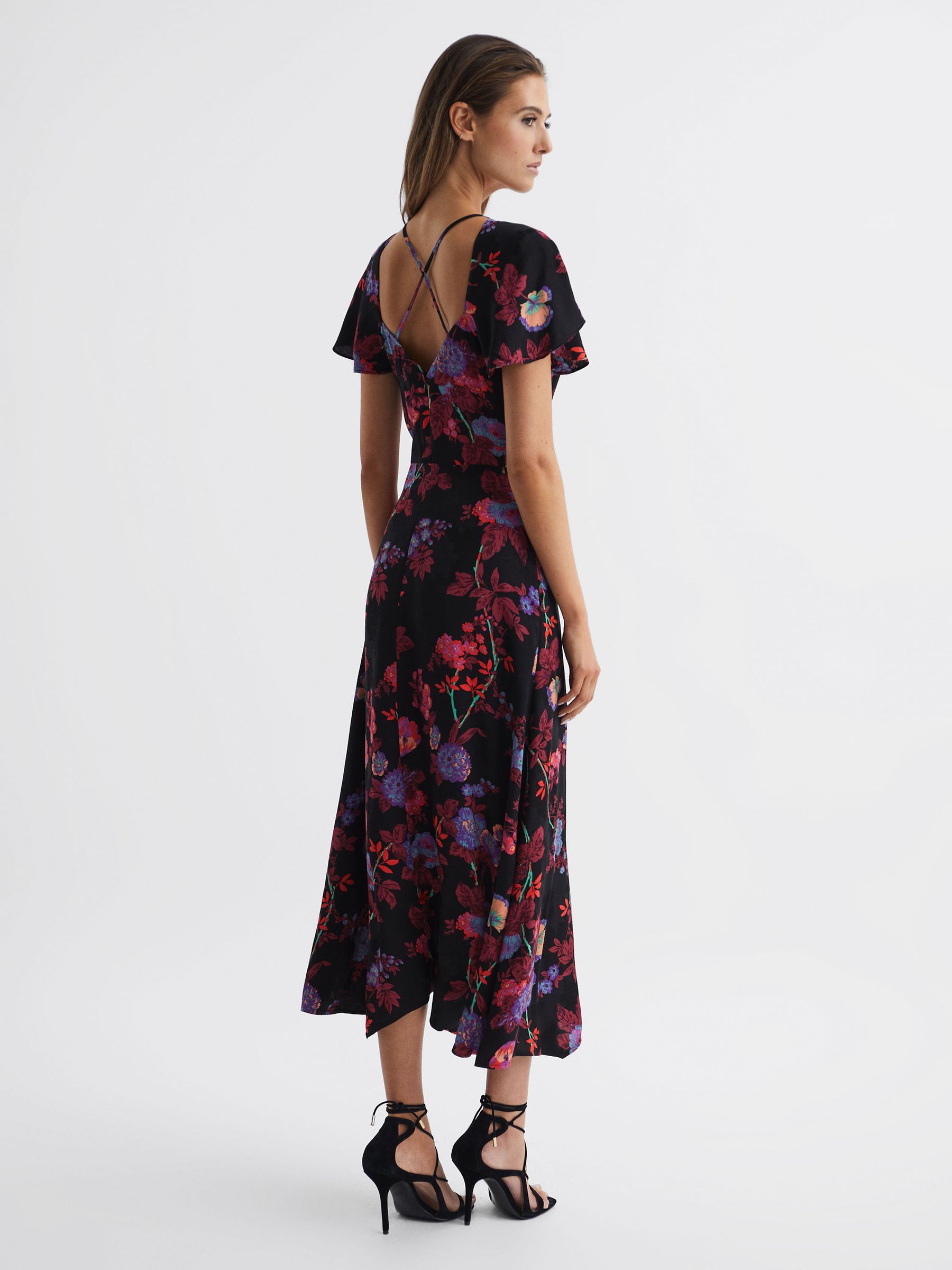 Fitted Floral Print Midi Dress in Black/Pink - Image 5 of 7