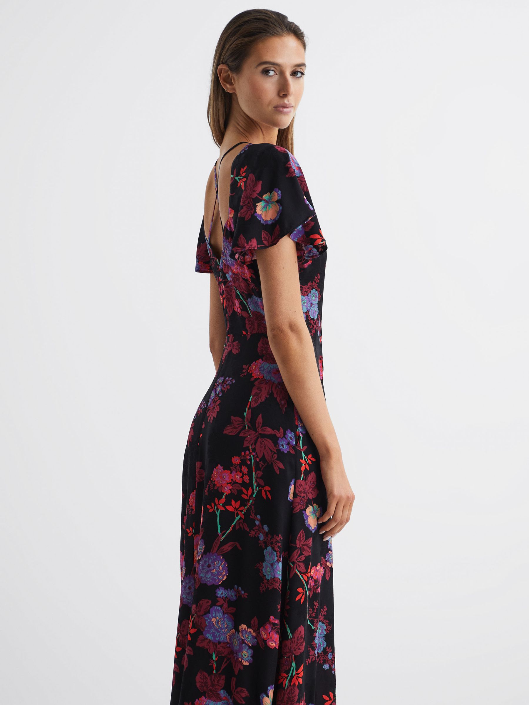 Fitted Floral Print Midi Dress in Black/Pink - Image 7 of 7