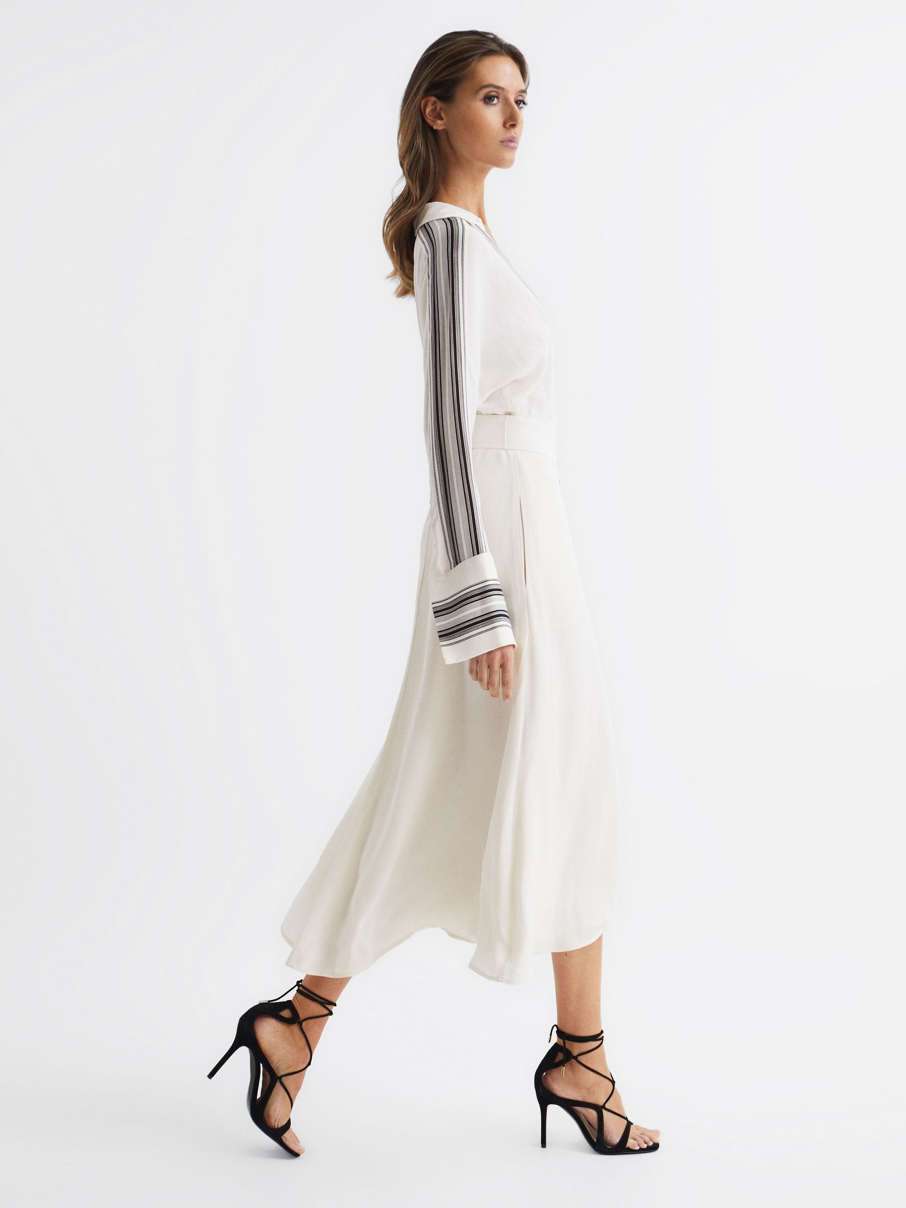 Side Stripe Tie Front Midi Dress in Ivory - Image 3 of 7