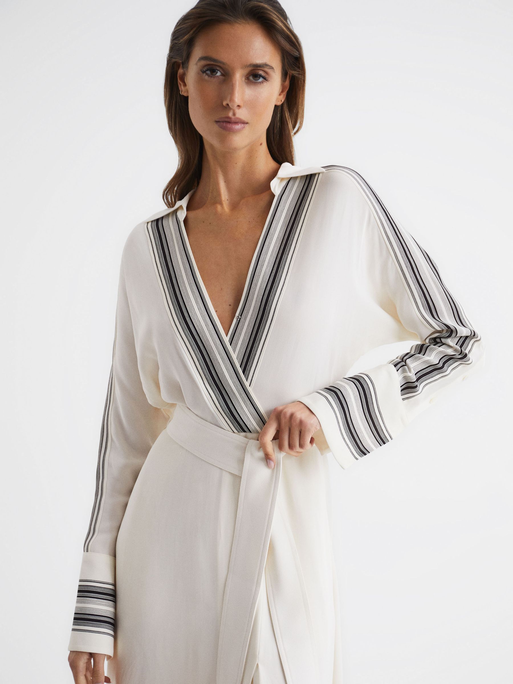 Side Stripe Tie Front Midi Dress in Ivory - Image 6 of 7