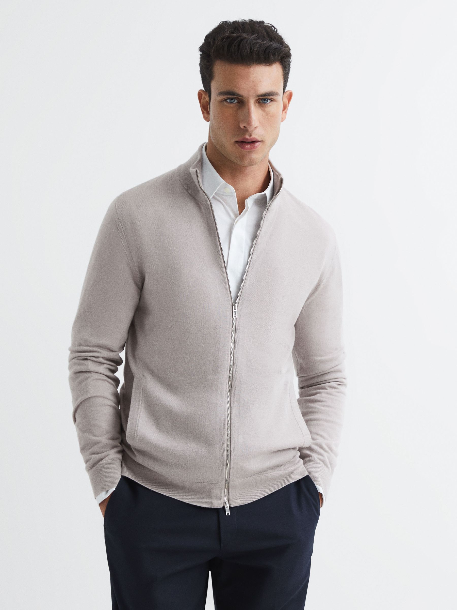 Merino Wool Funnel-Neck Cardigan in Stone - Image 1 of 7