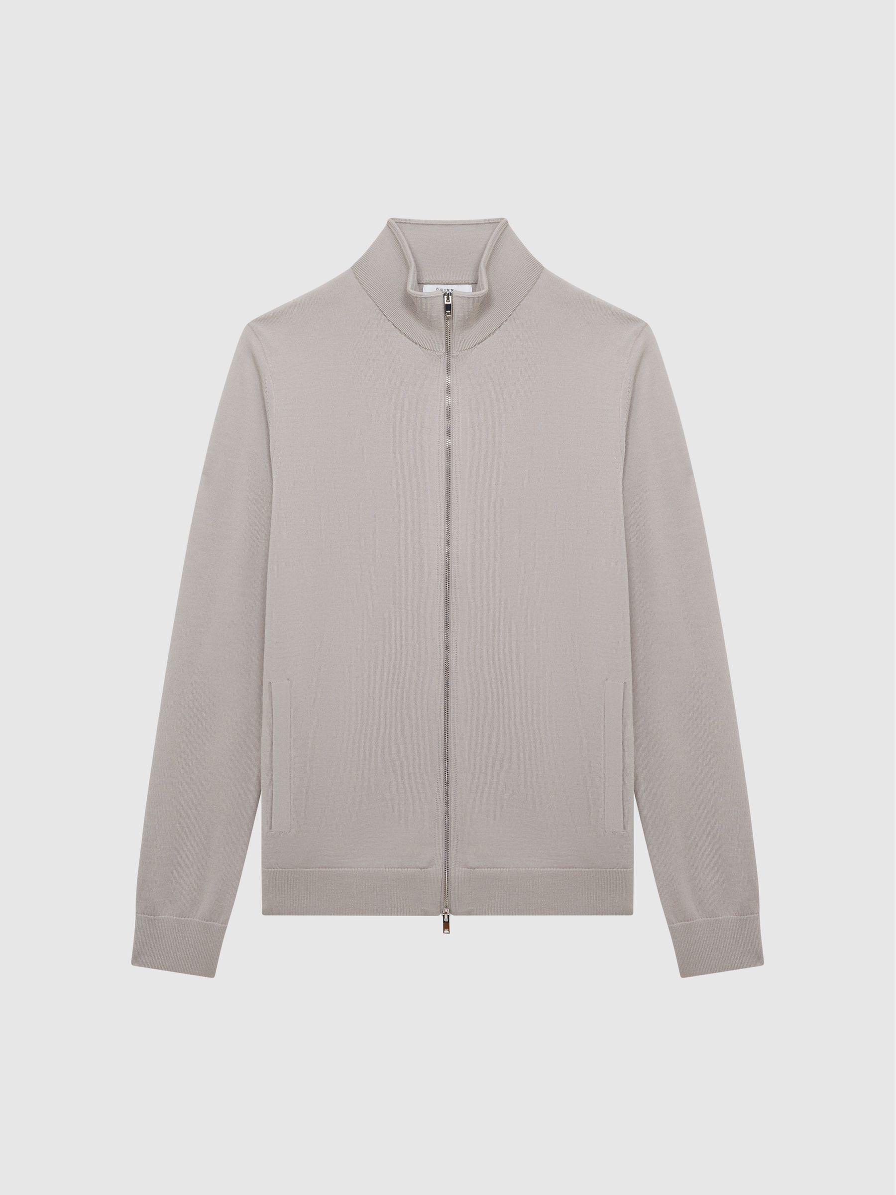 Merino Wool Funnel-Neck Cardigan in Stone - Image 2 of 7