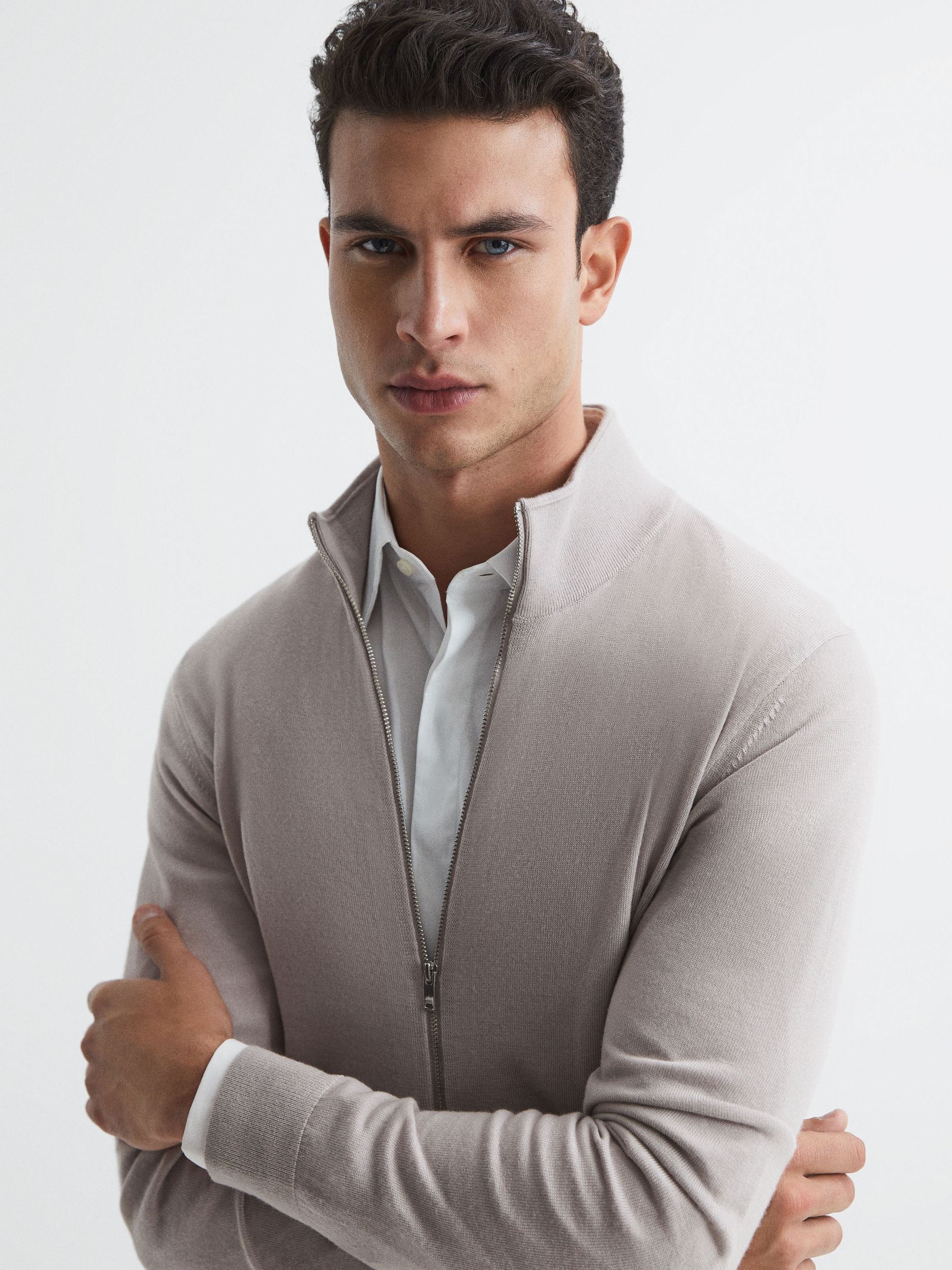 Merino Wool Funnel-Neck Cardigan in Stone - Image 4 of 7