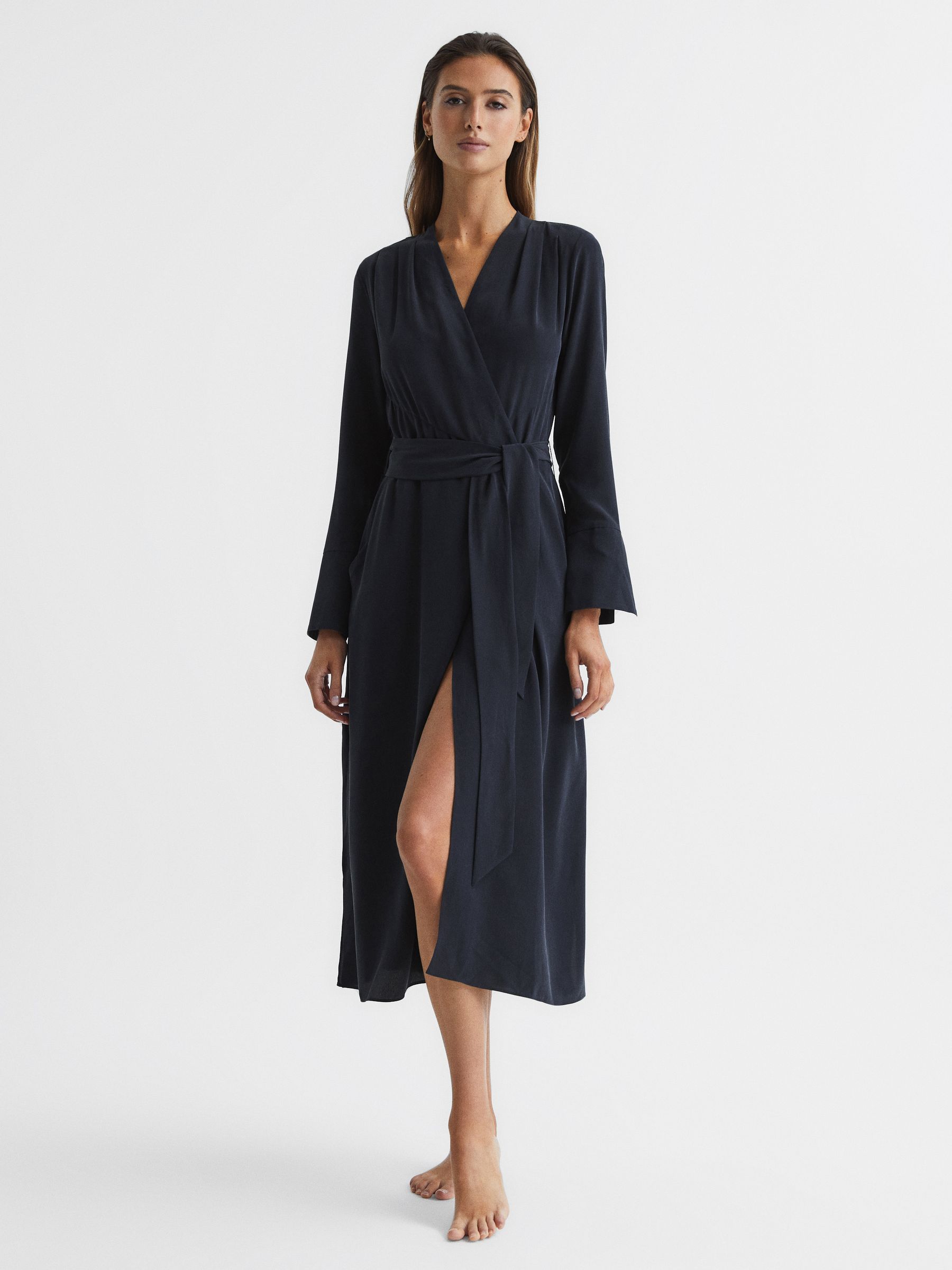 Silk Robe in Navy - Image 1 of 7