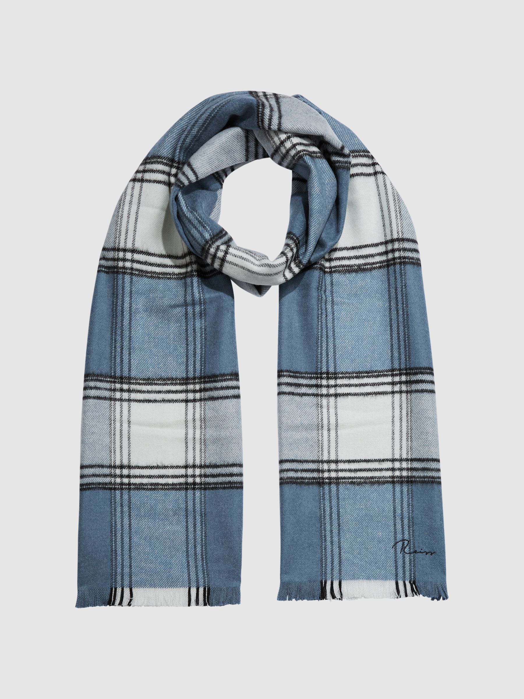 Check Wool Blend Scarf in Airforce Blue - Image 1 of 4
