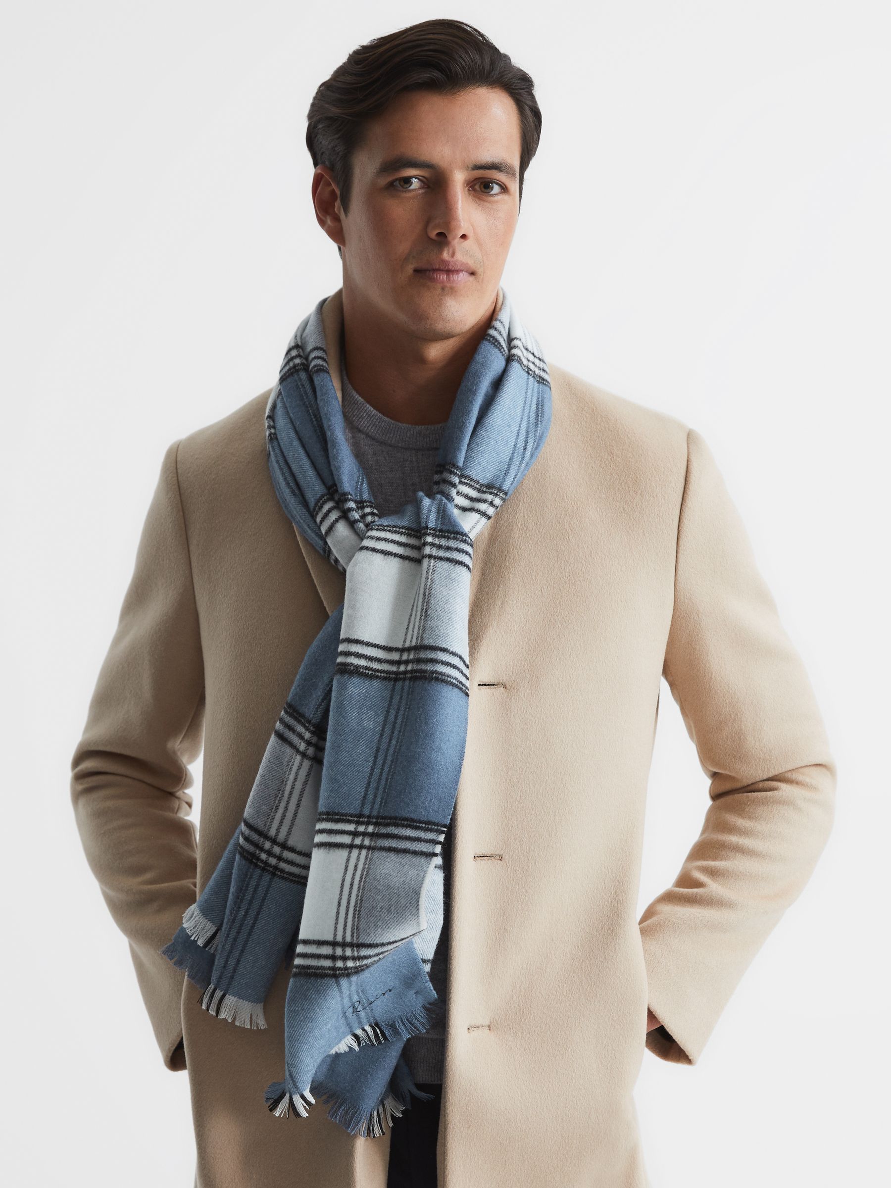 Check Wool Blend Scarf in Airforce Blue - Image 2 of 4