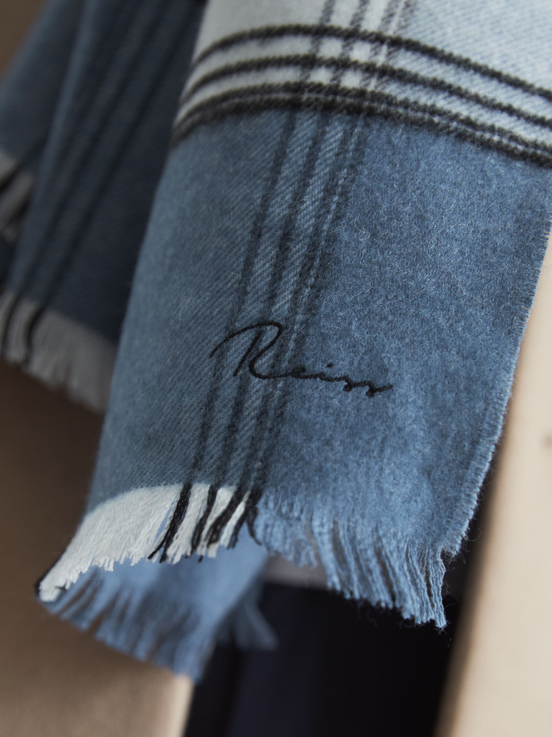 Check Wool Blend Scarf in Airforce Blue - Image 3 of 4