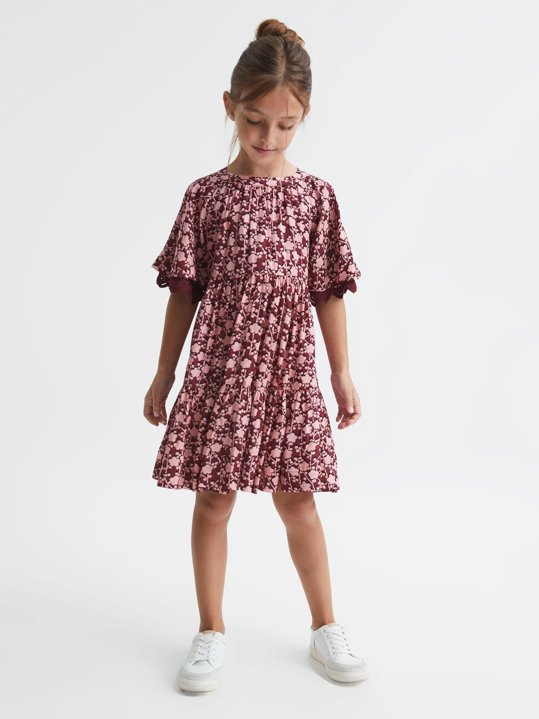 Senior Lace Sleeve Printed Dress in Pink Print - Image 1 of 8
