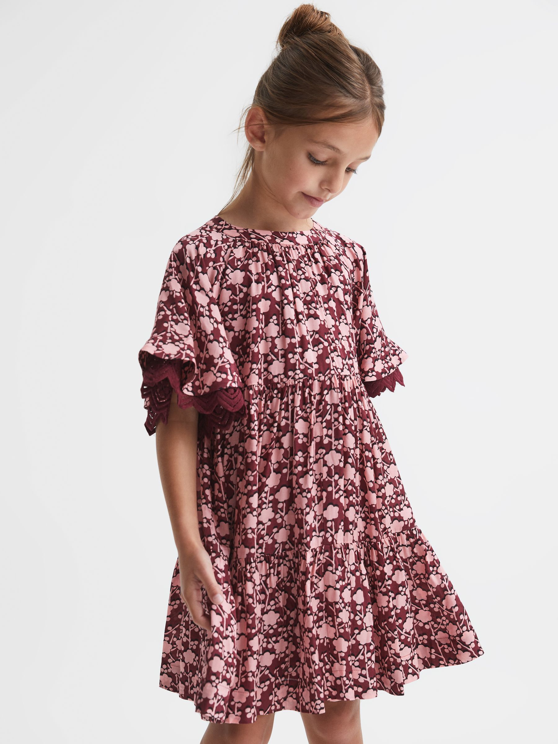 Senior Lace Sleeve Printed Dress in Pink Print - Image 6 of 8