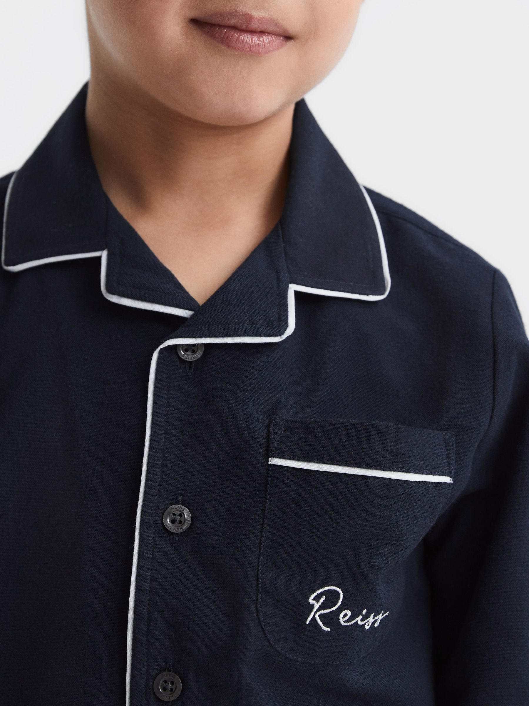 9-12 yrs Button-Through Piped Pyjama Top in Navy - Image 4 of 6