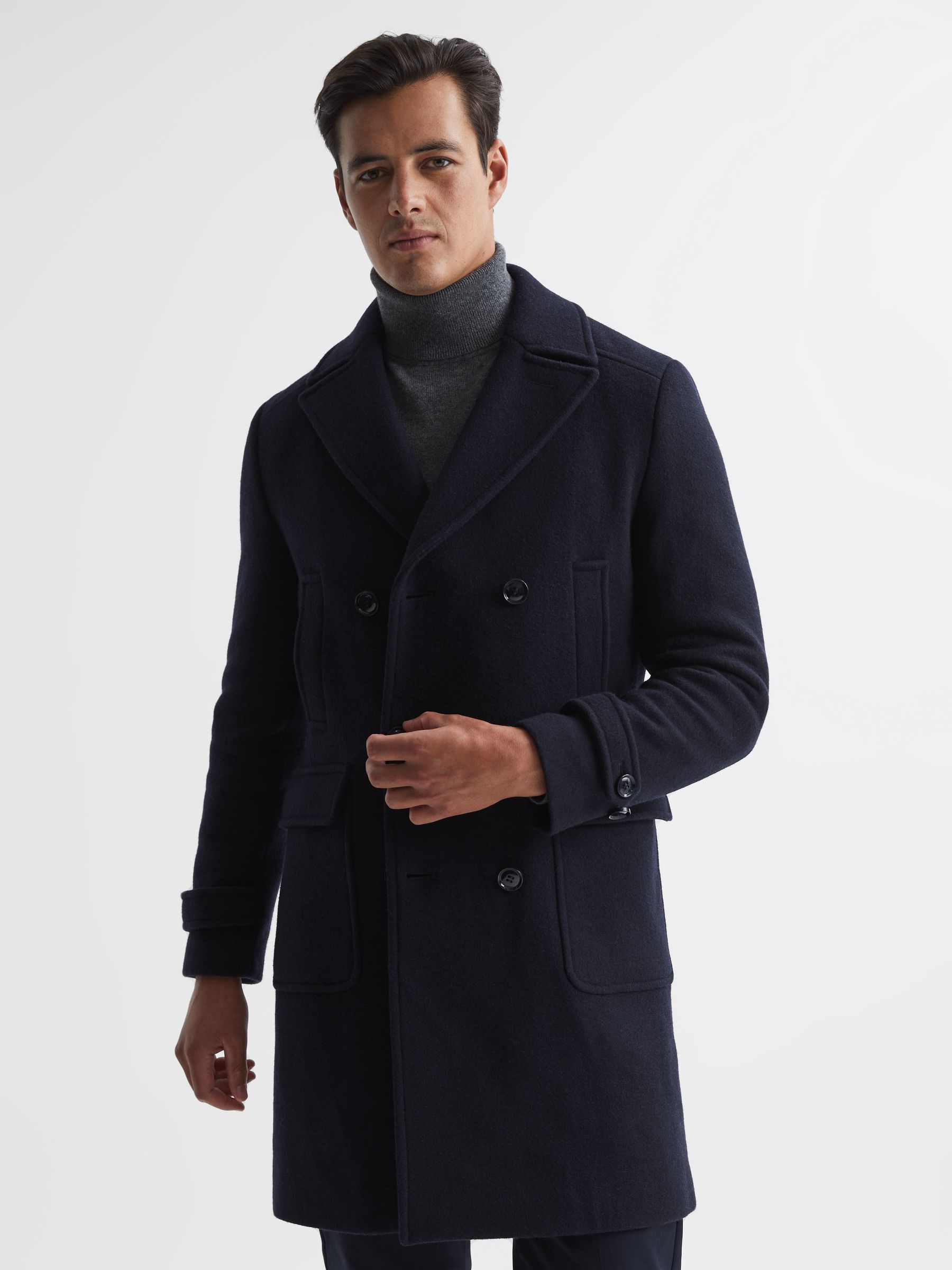 Double Breasted Wool Blend Military Overcoat in Navy - Image 1 of 7