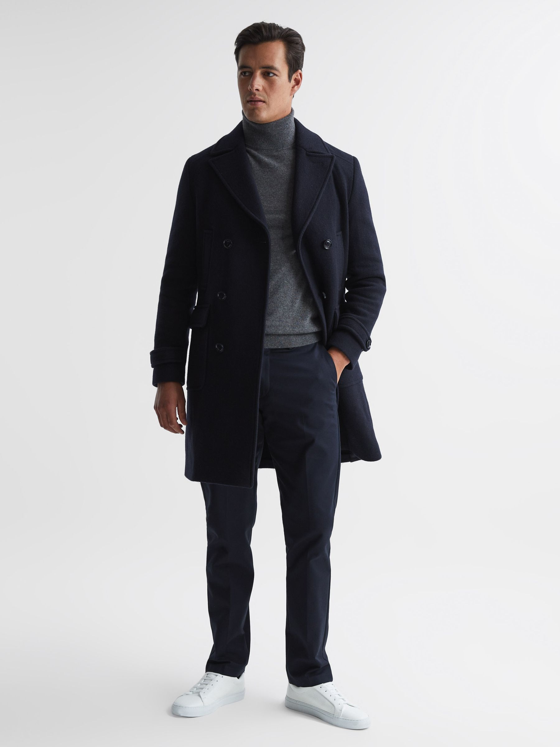 Double Breasted Wool Blend Military Overcoat in Navy - Image 3 of 7