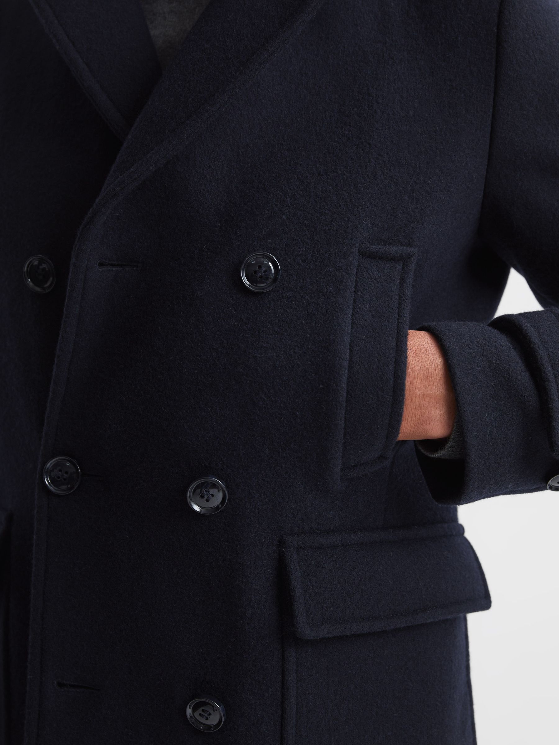 Double Breasted Wool Blend Military Overcoat in Navy - Image 6 of 7