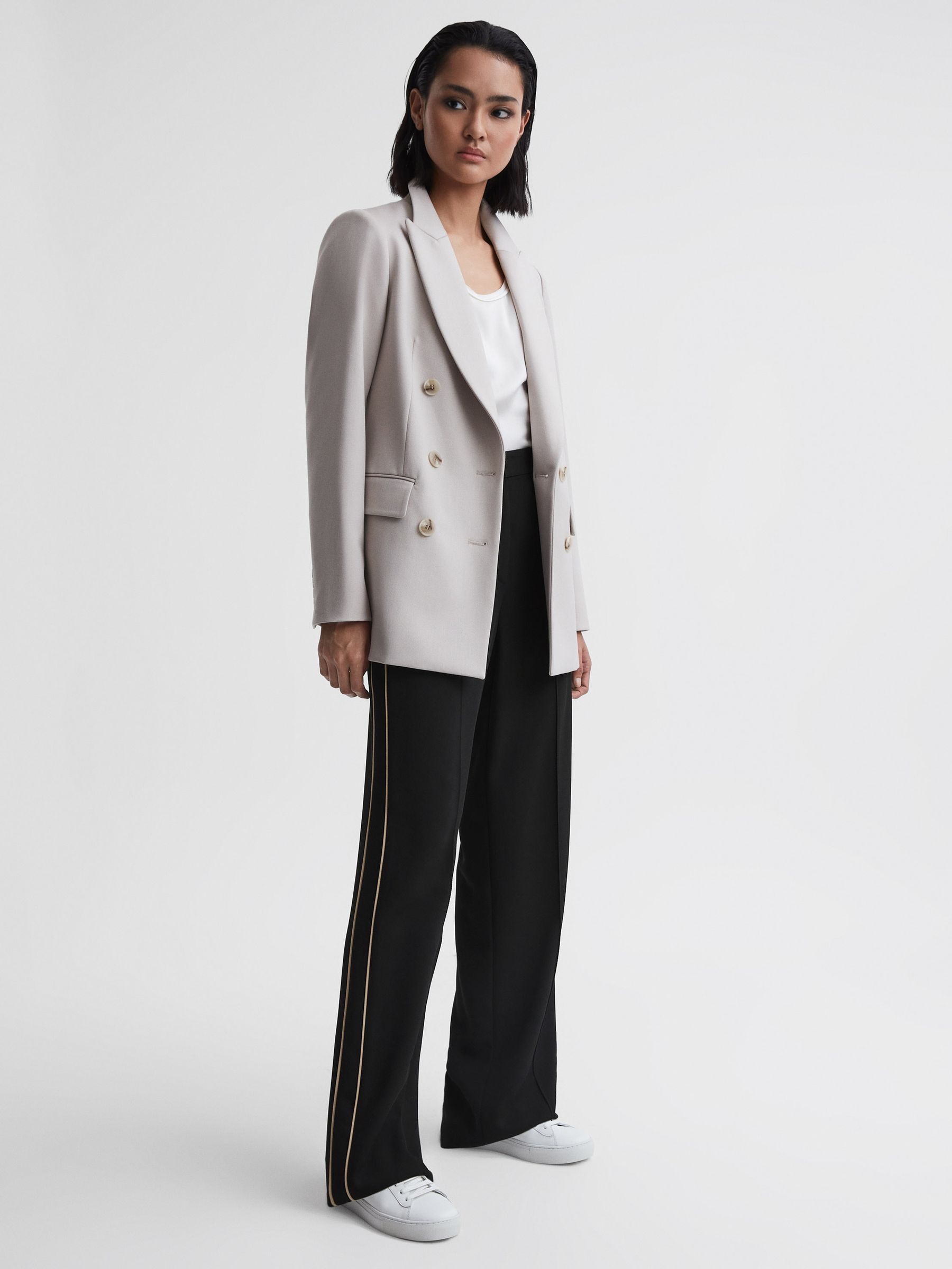 Wide Leg Side Stripe Trousers in Black - Image 1 of 5