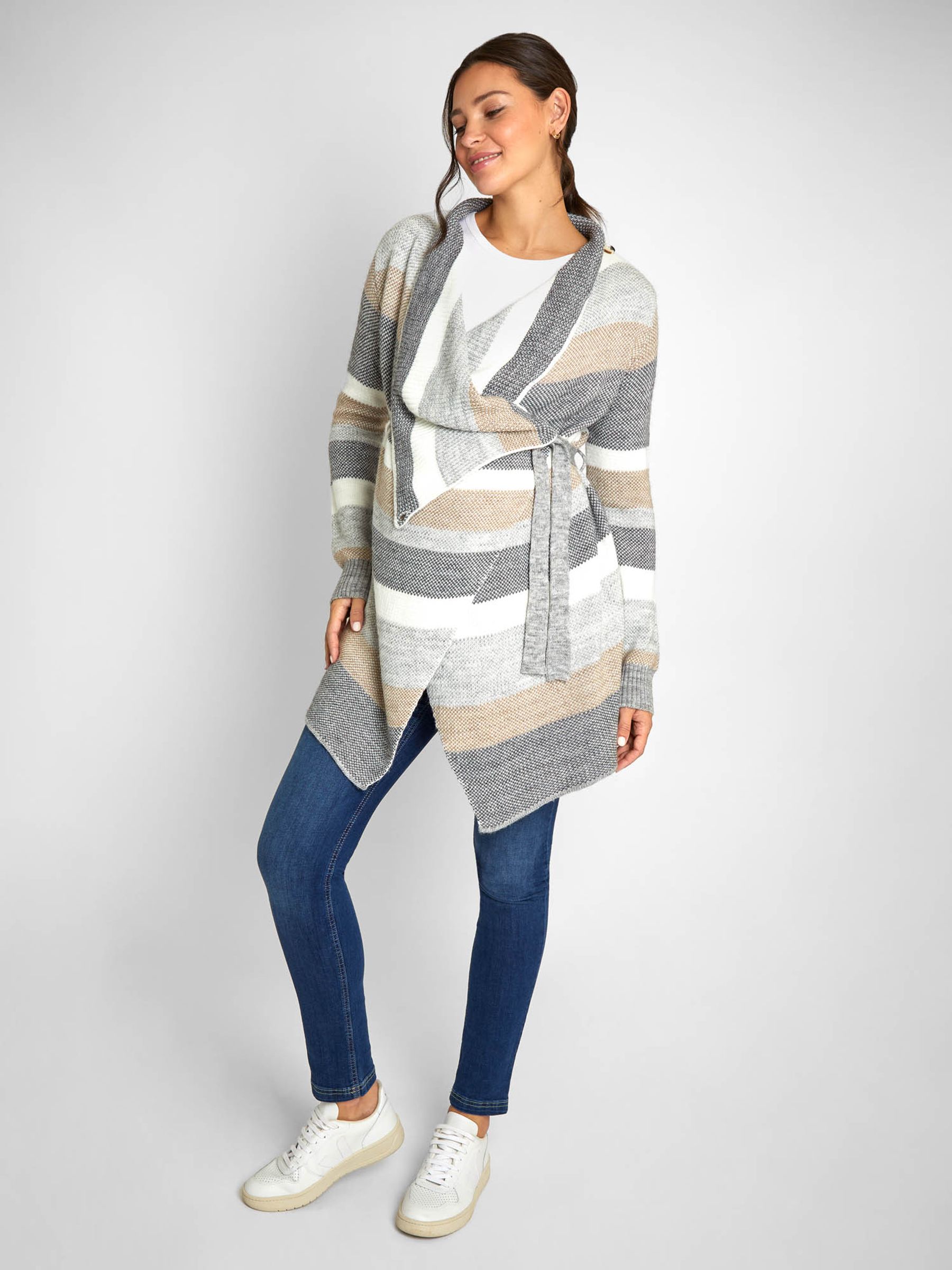 Grey Cream Stripe Drape Maternity & Nursing Cardigan - Image 3 of 6