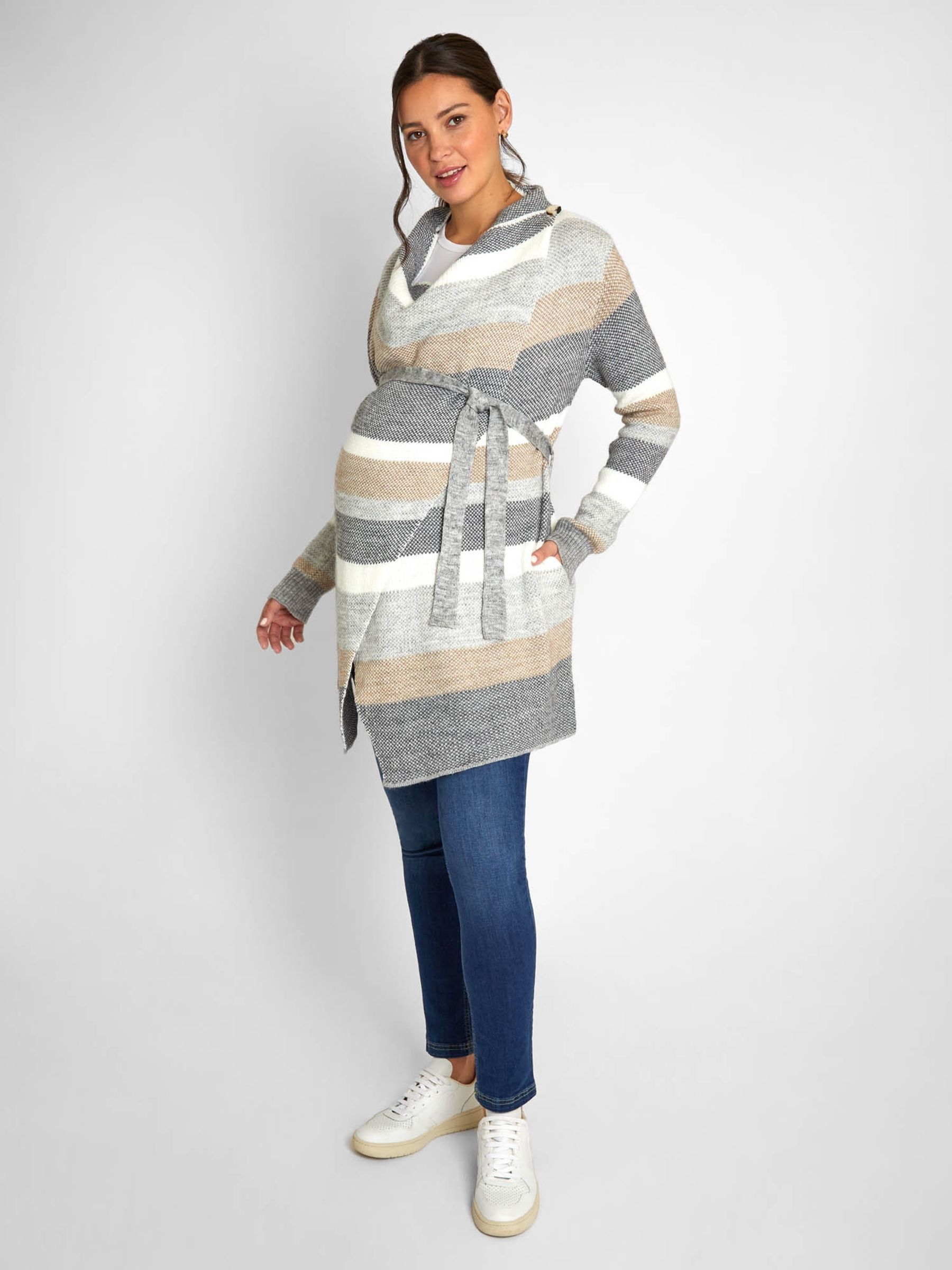 Grey Cream Stripe Drape Maternity & Nursing Cardigan - Image 4 of 6