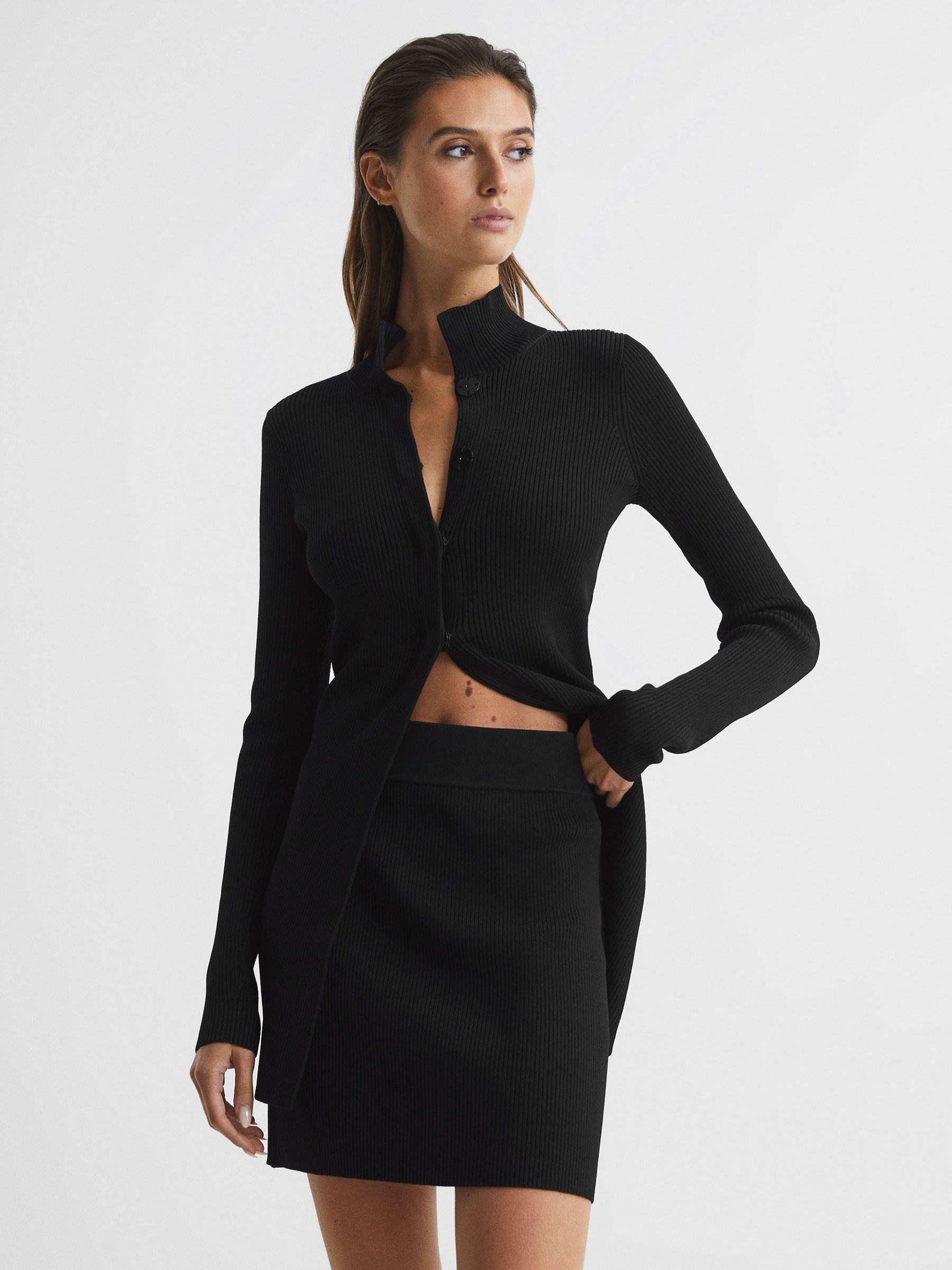 Ribbed Button Up Co Ord Cardigan in Black - Image 1 of 7 Ribbed Button Up Co Ord Cardigan in Black - Image 1 of 7