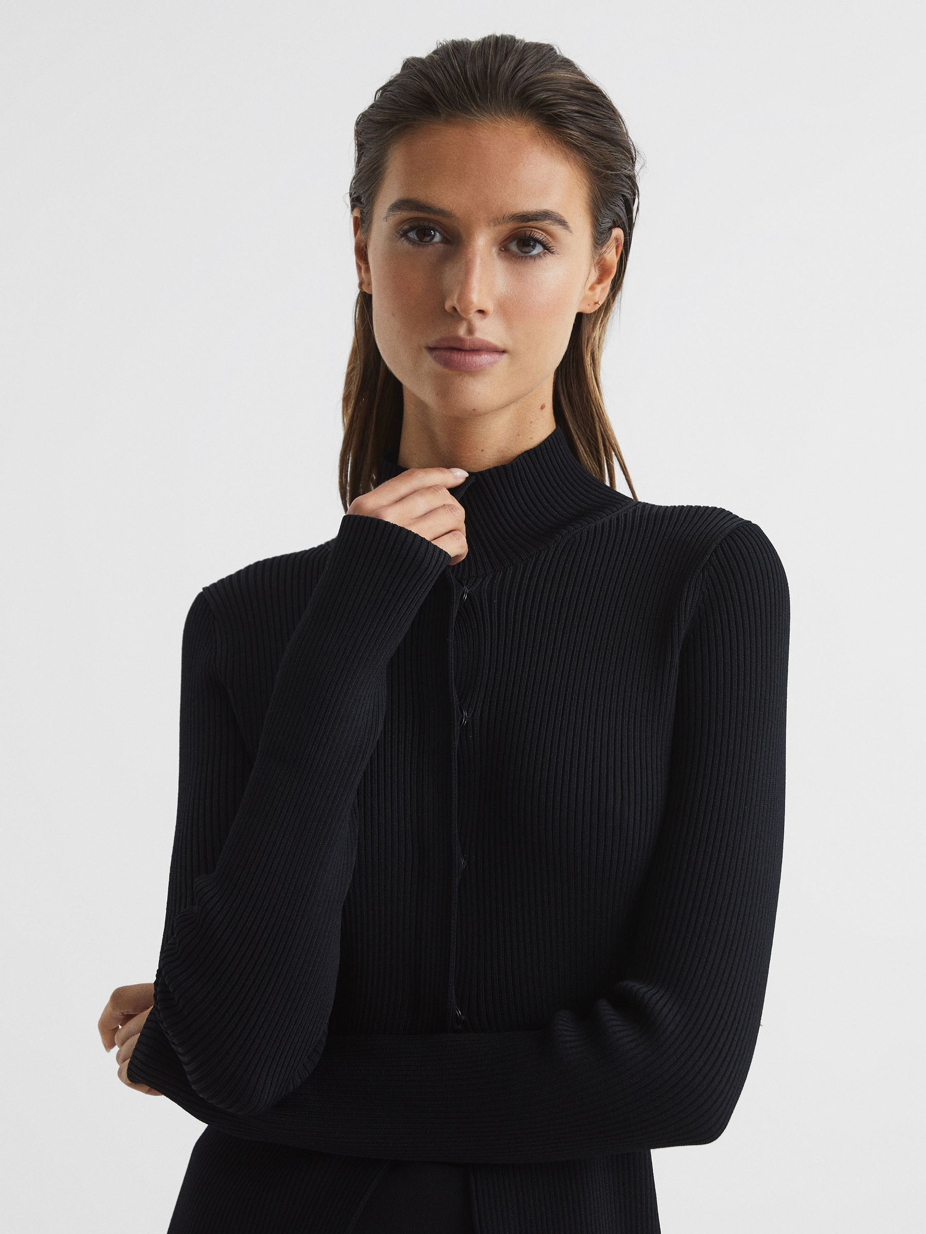 Ribbed Button Up Co Ord Cardigan in Black - Image 4 of 7