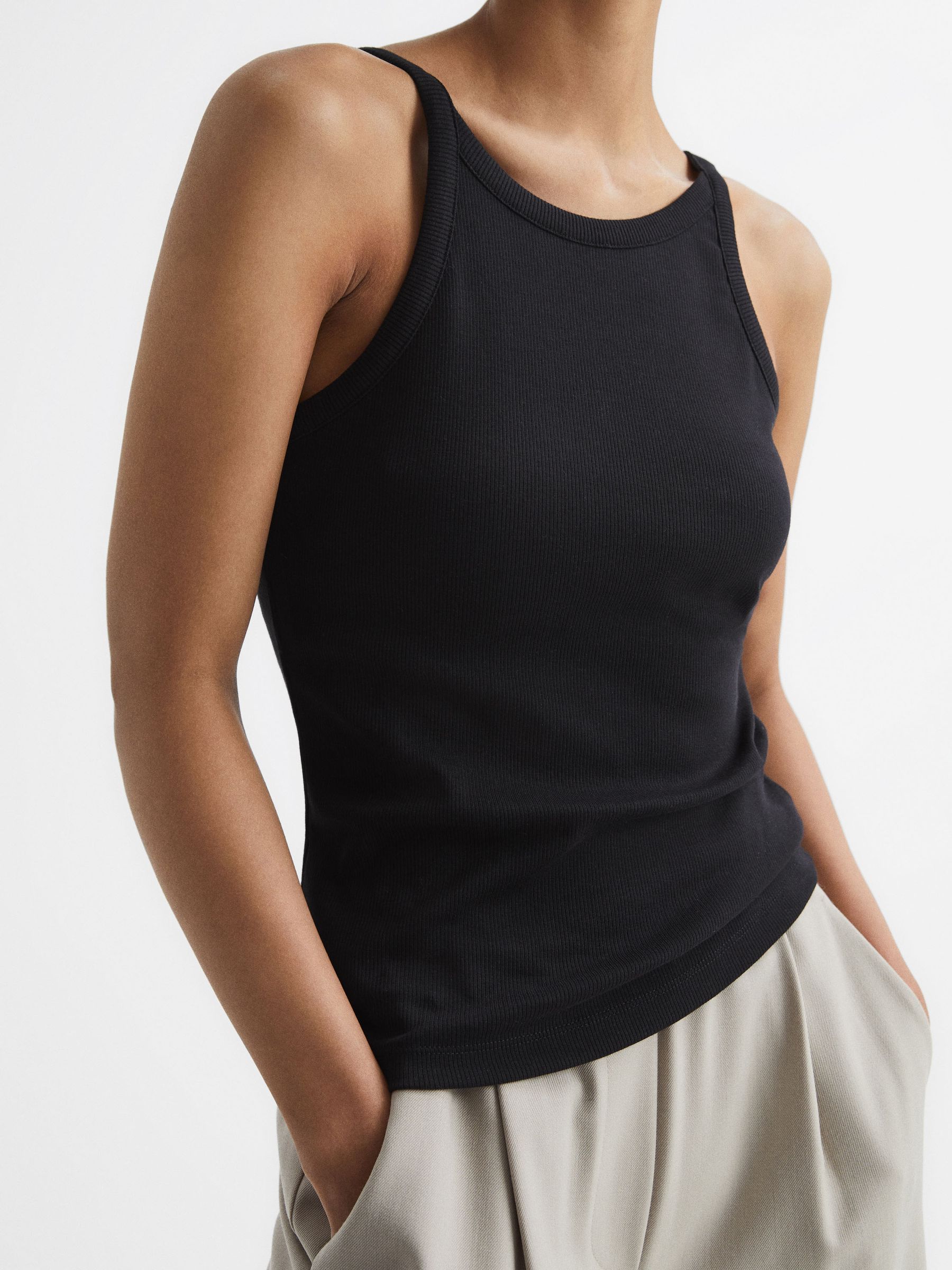 Crew Neck Ribbed Cami Vest Top in Black - Image 4 of 7