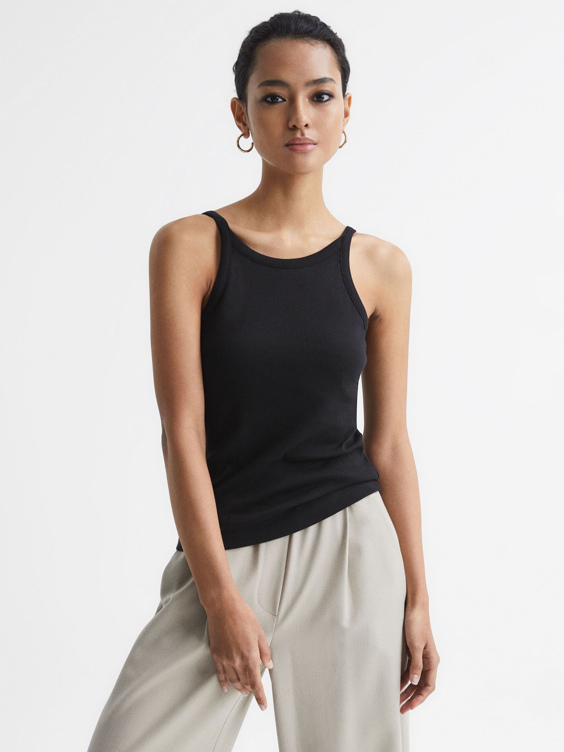 Crew Neck Ribbed Cami Vest Top in Black - Image 7 of 7
