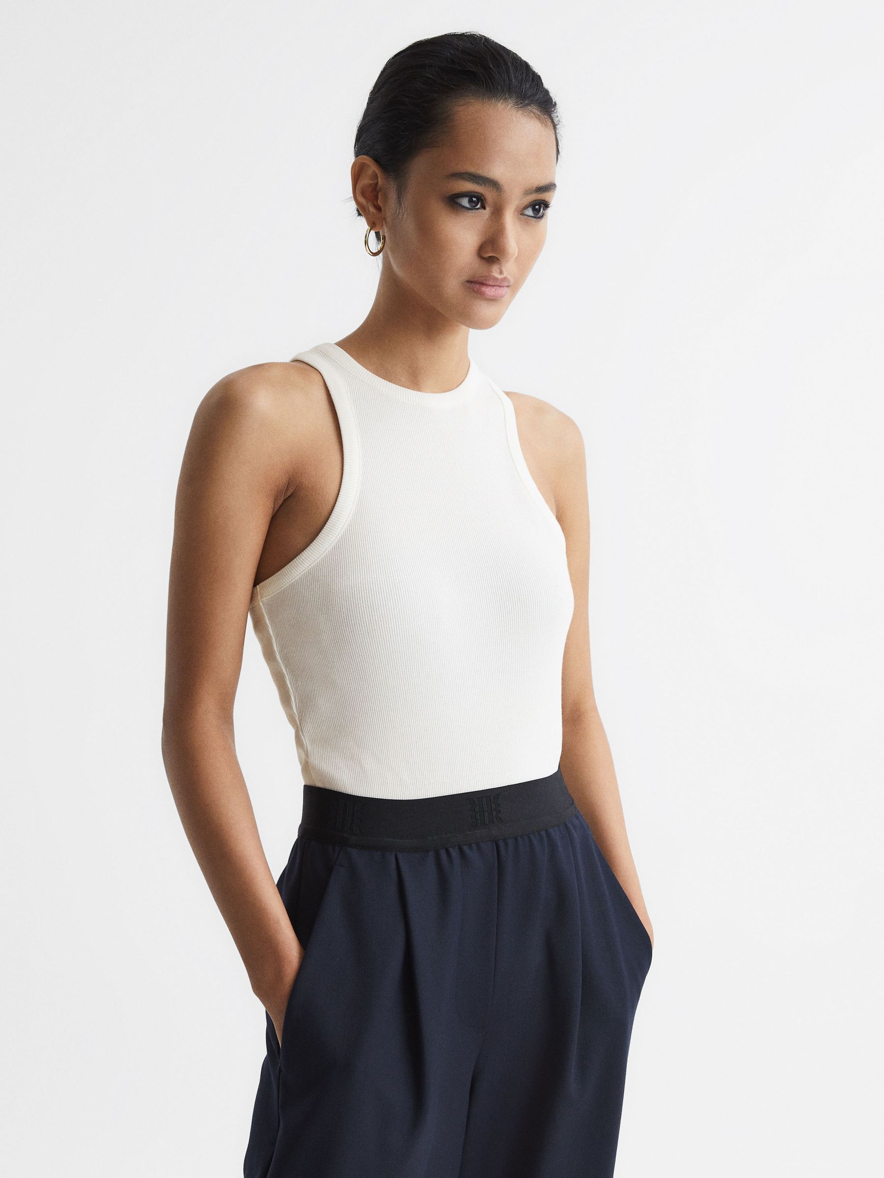 Crew Neck Ribbed Racer Vest Top in White - Image 6 of 6