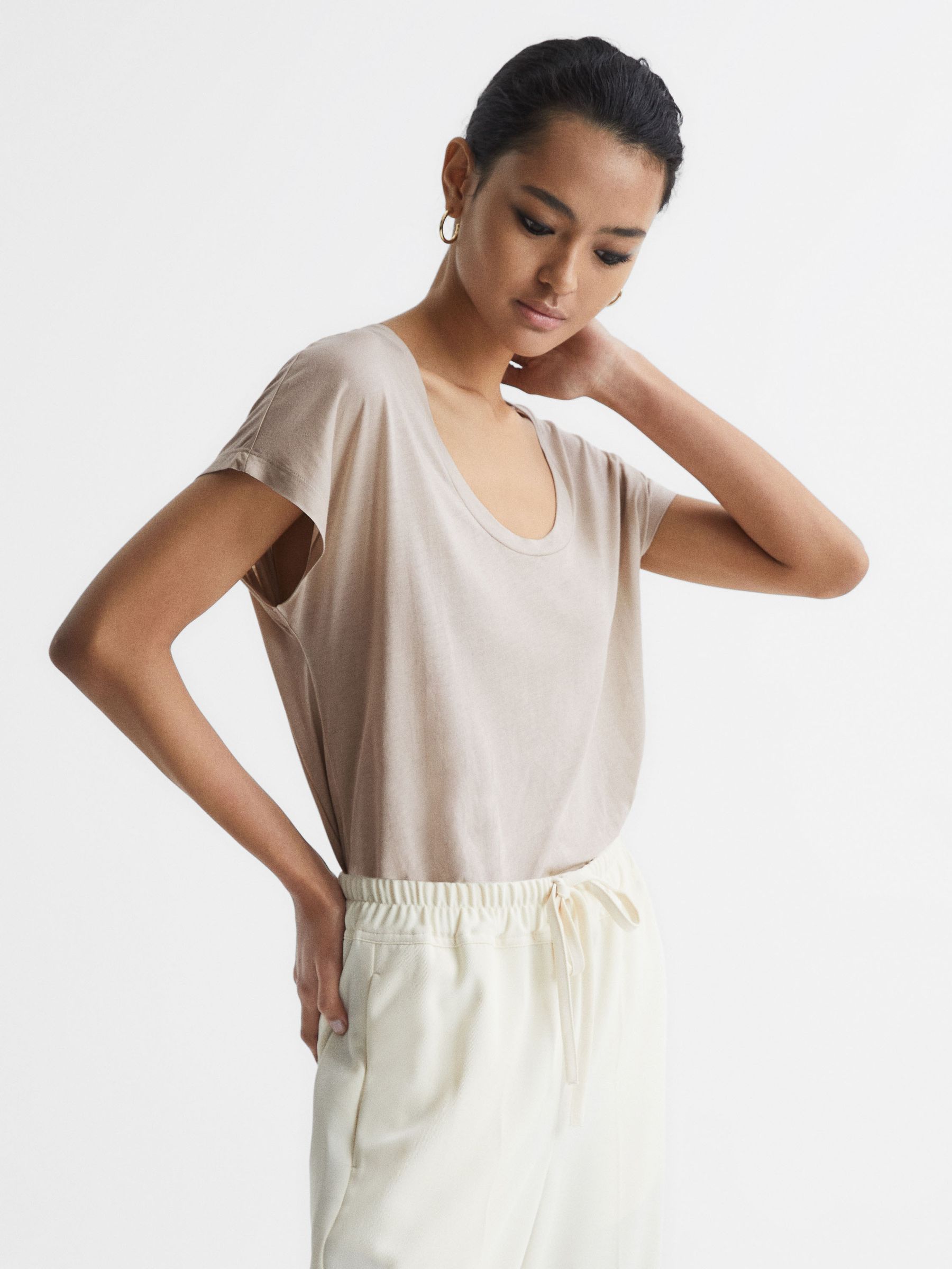 Scoop Neck Pima Cotton T-Shirt in Stone - Image 1 of 6
