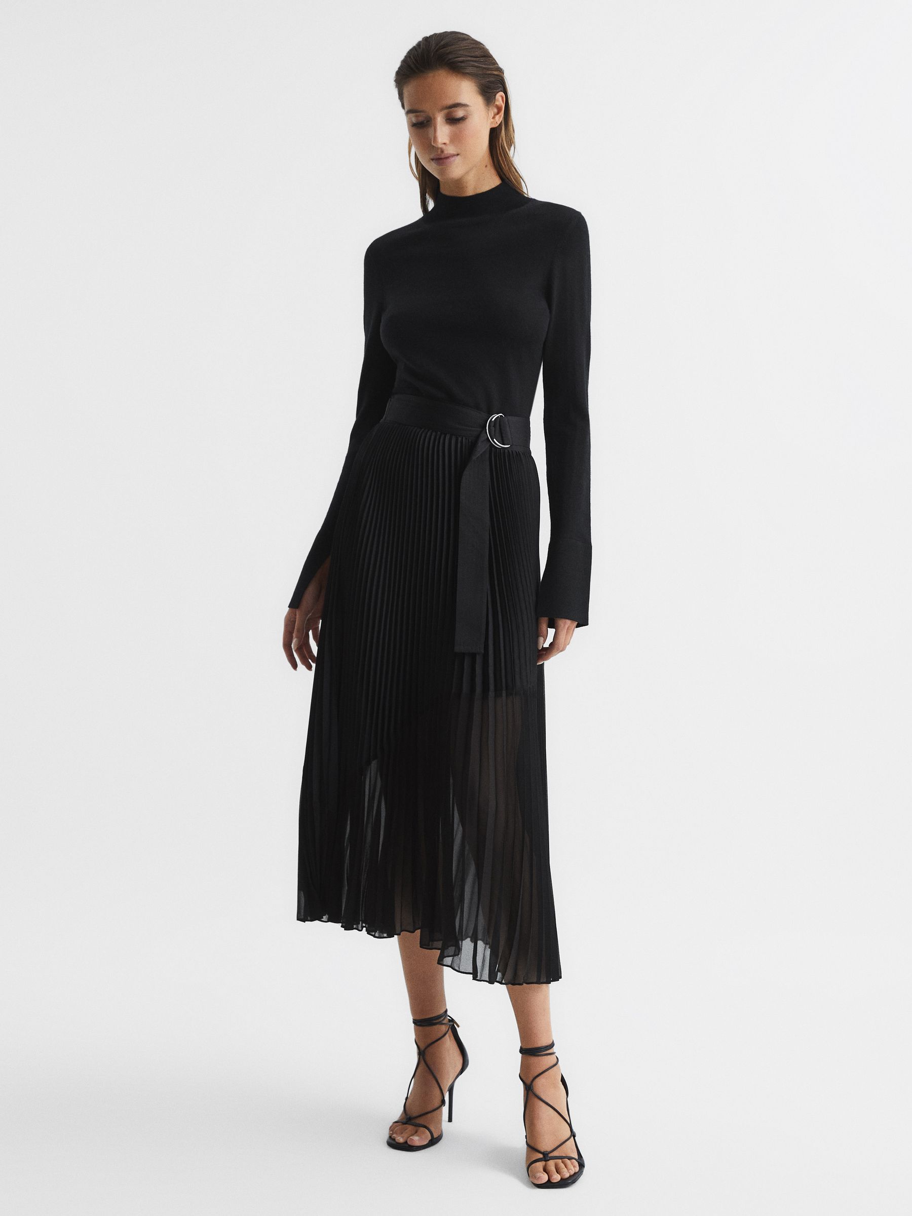 Reiss Pleated Midi Skirt in Black - REISS