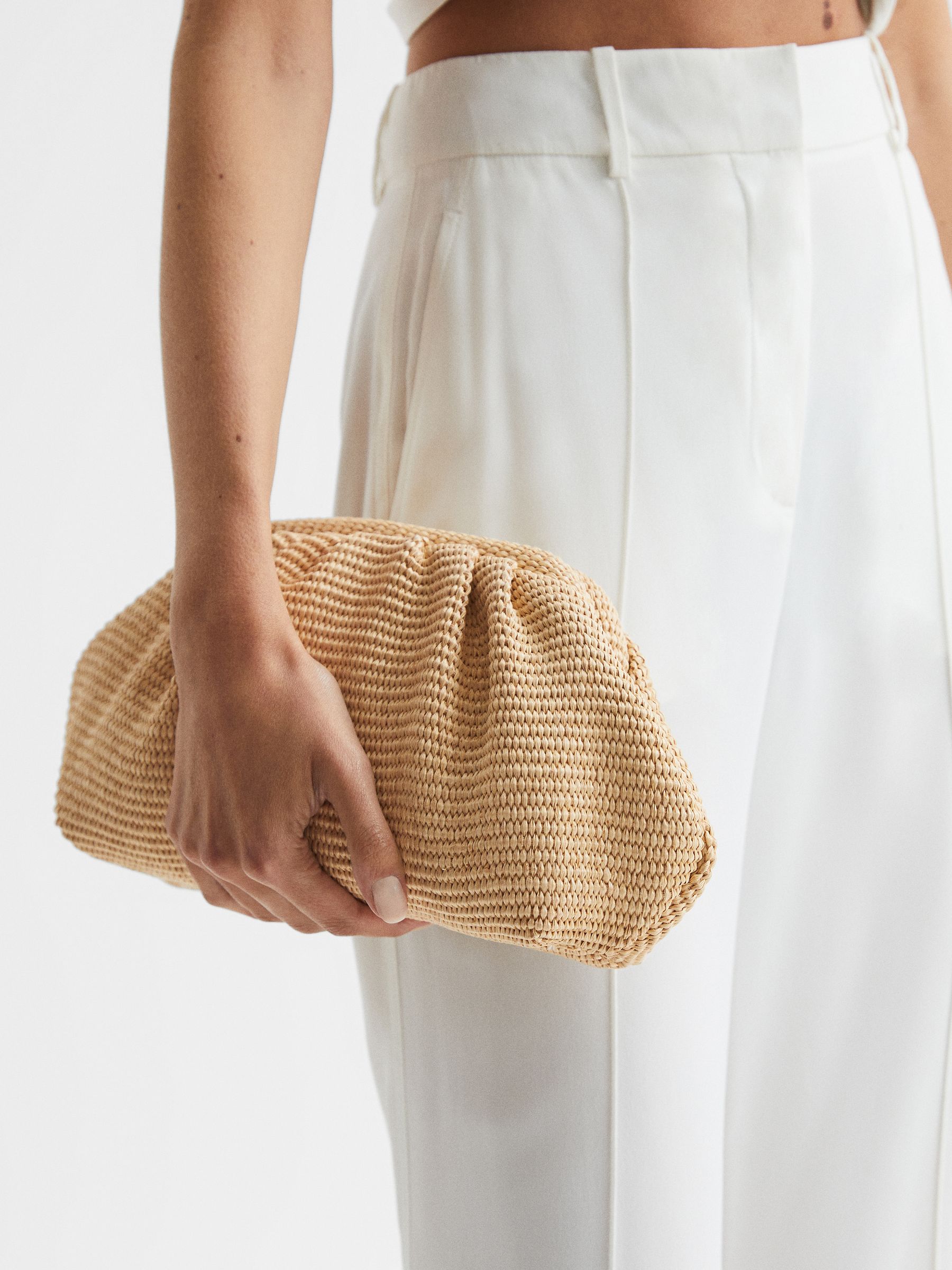 Raffia Ruched Clutch Bag in Neutral - Image 3 of 7