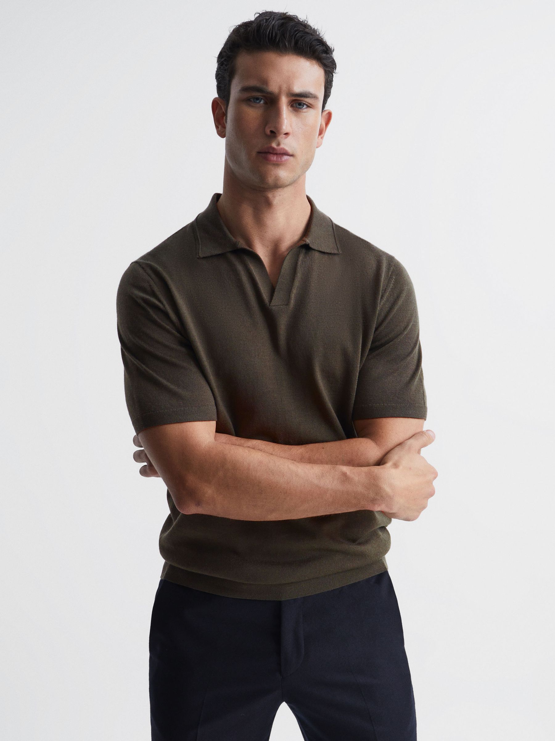Merino Wool Open Collar Polo Shirt in Dark Military Green - Image 1 of 7