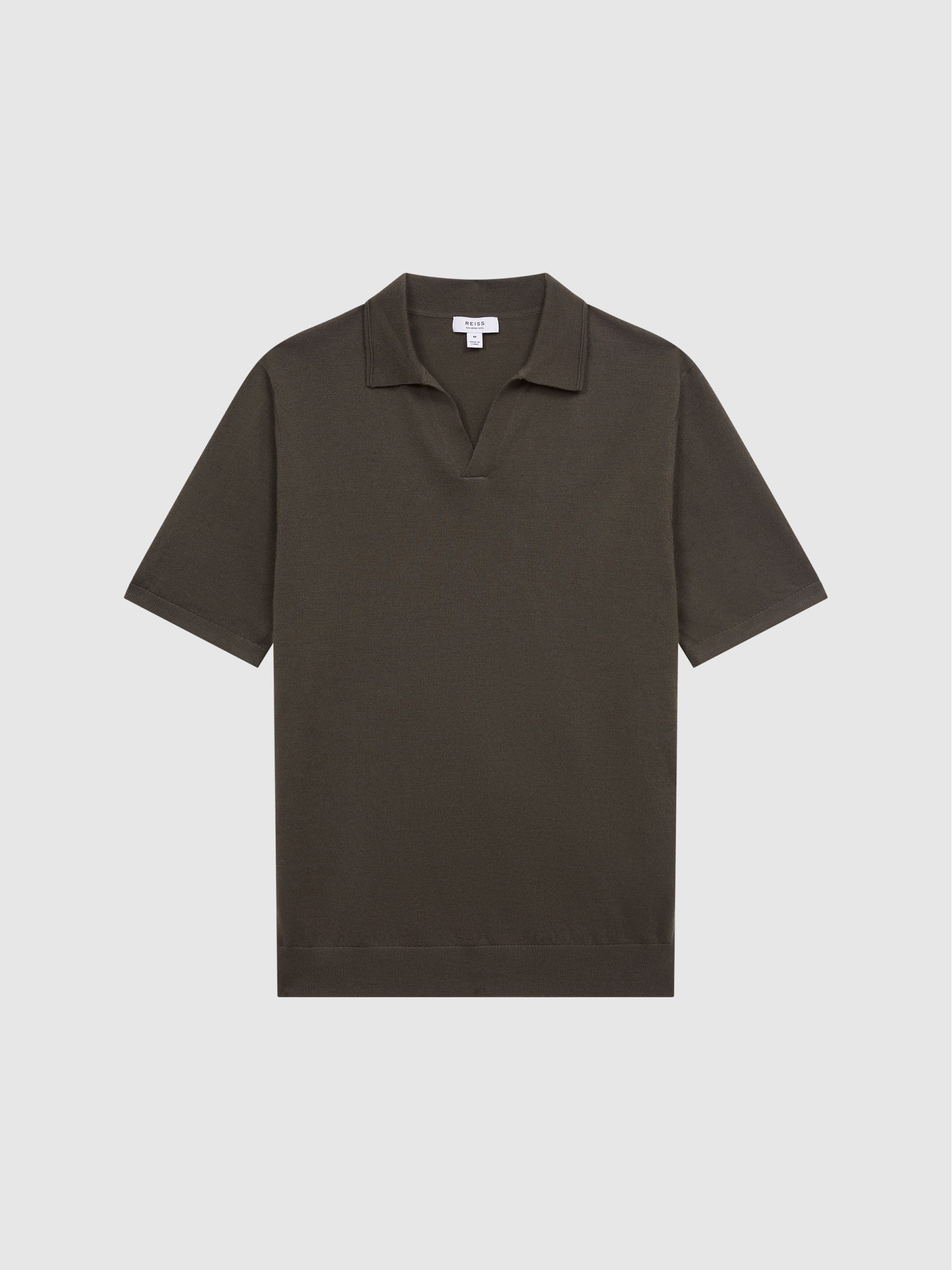 Merino Wool Open Collar Polo Shirt in Dark Military Green - Image 2 of 7
