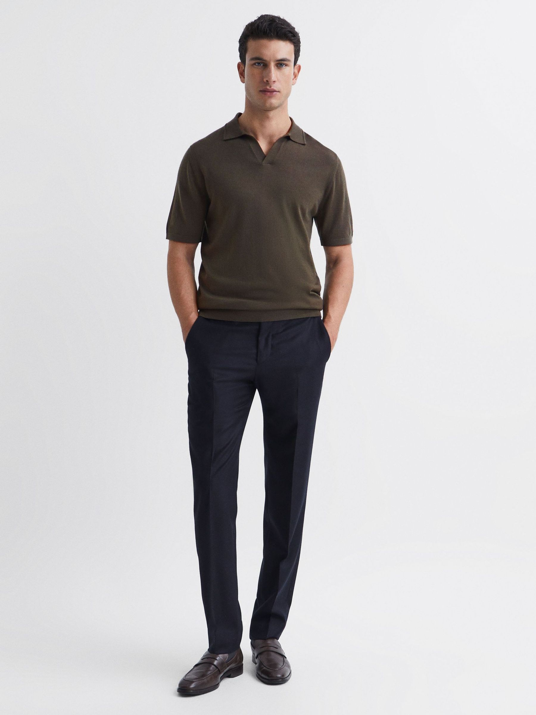 Merino Wool Open Collar Polo Shirt in Dark Military Green - Image 3 of 7